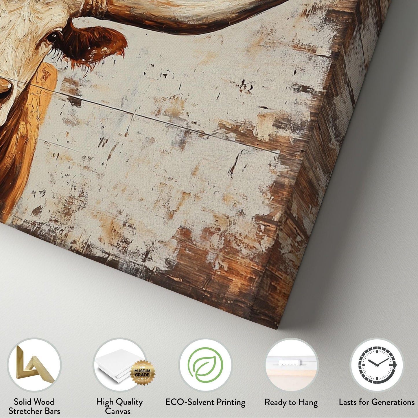 Rustic Texas Longhorn Portrait Lanscape Wooden Texture, 2x1 Country Charm Canvas Print, Vintage Ranch 20x60 Canvas Art