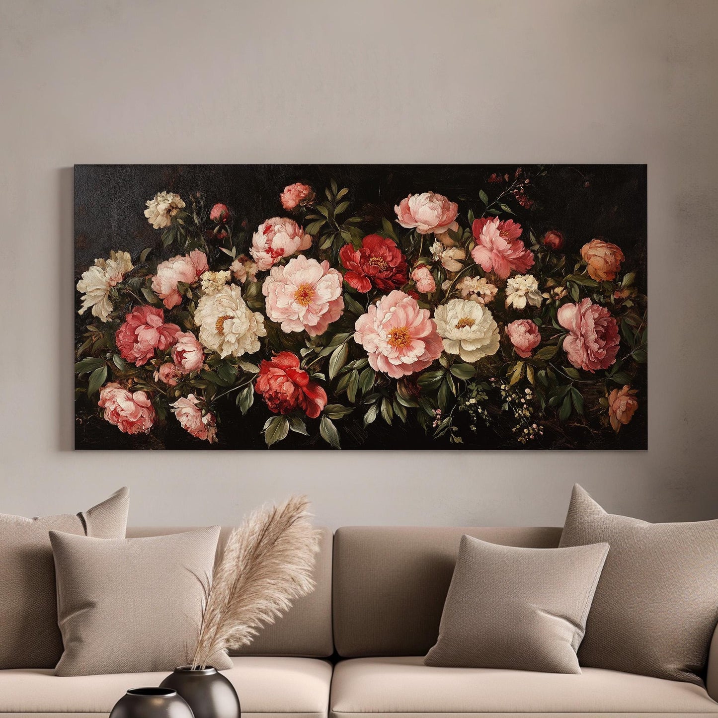 Vintage Peony Bouquet Lanscape Rustic Peonies, 2x1 Floral Charm Canvas Print, Spring Farmhouse 20x60 Canvas Art