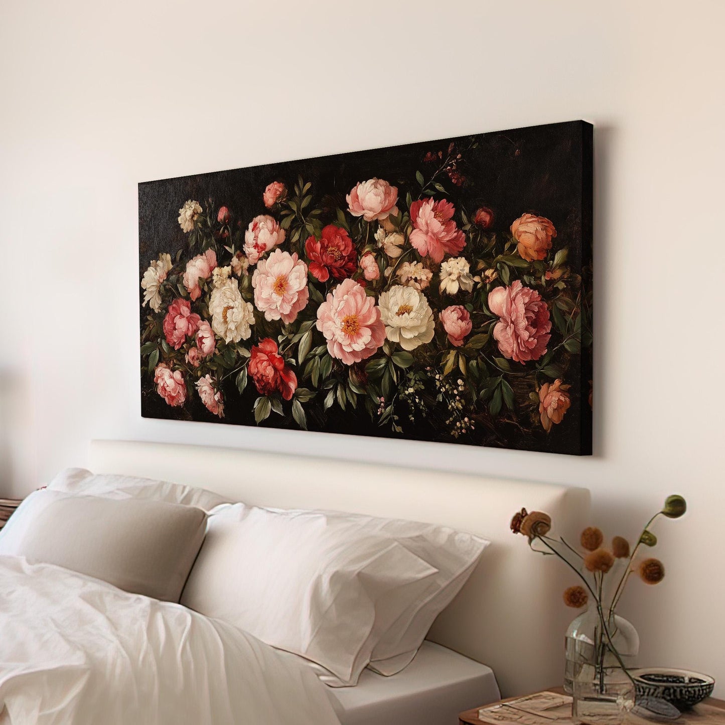 Vintage Peony Bouquet Lanscape Rustic Peonies, 2x1 Floral Charm Canvas Print, Spring Farmhouse 20x60 Canvas Art