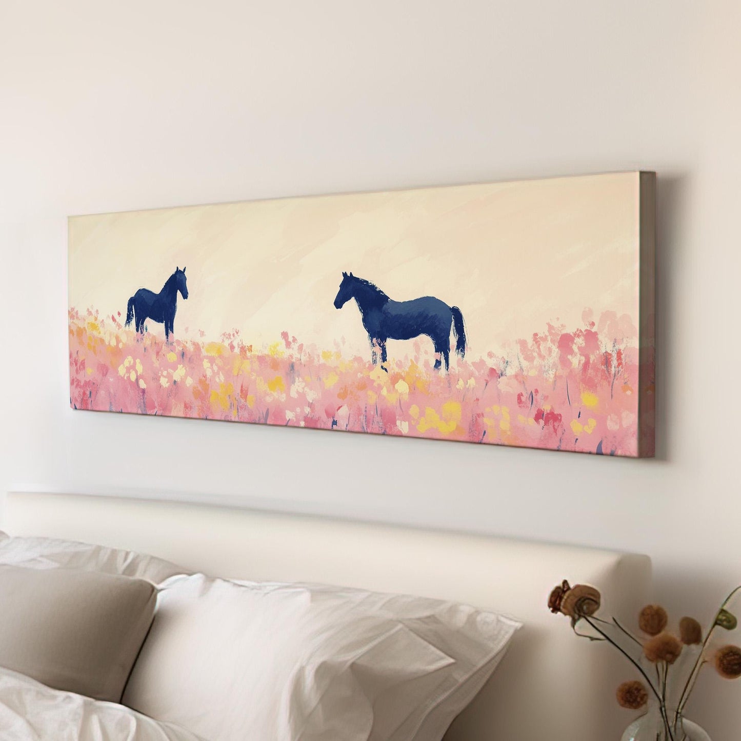 Equestrian Farmhouse Panoramic Rustic Ranch Horse, Minimal Country Riding Canvas Print, Wild Scene Printed Canvas Art