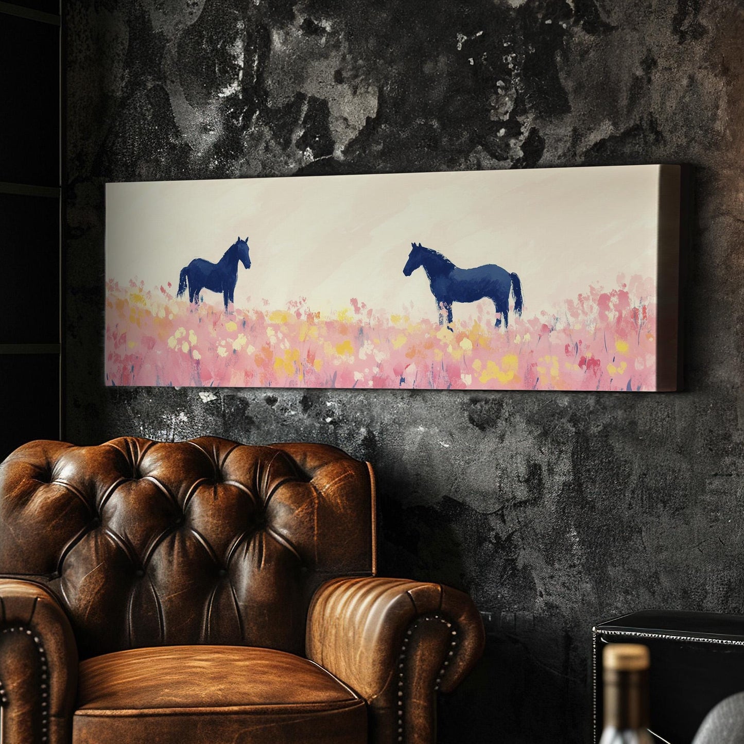 Equestrian Farmhouse Panoramic Rustic Ranch Horse, Minimal Country Riding Canvas Print, Wild Scene Printed Canvas Art