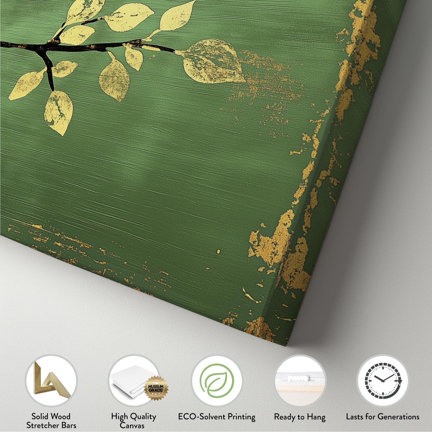 Golden Apple Branch Panoramic Green Moody, Minimal Farmhouse Country Canvas Print, Nature Bloom Printed Canvas Art