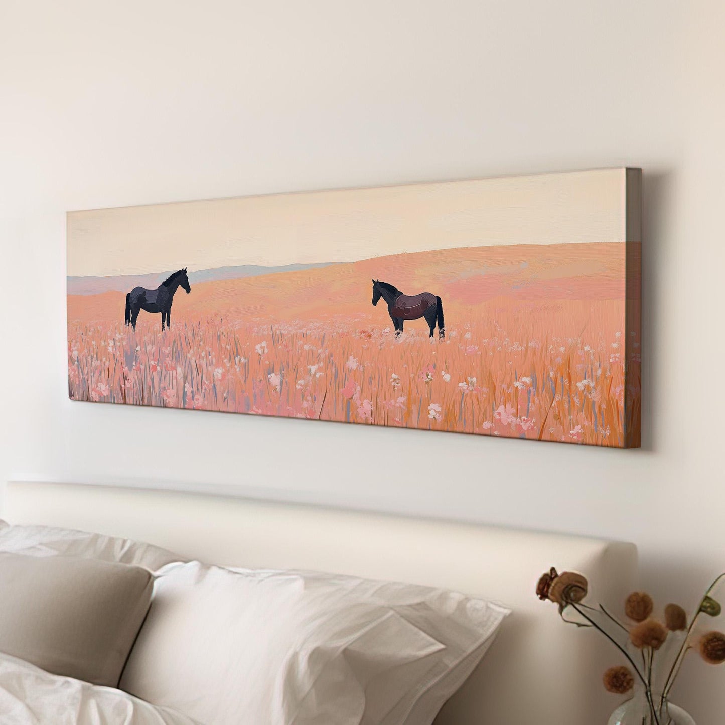 Praire Horses Panoramic Western Country, Minimal Farmhouse Equestrian Canvas Print, Wild Nature Printed Canvas Art