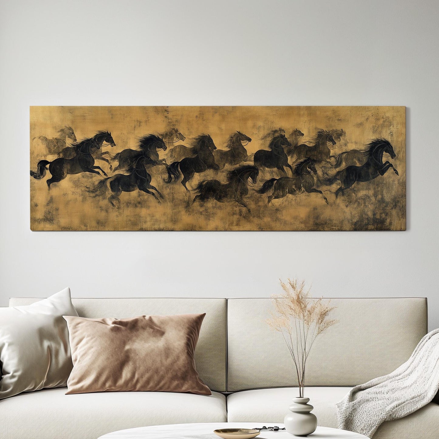 Running Horse Scene Panoramic Rustic Farmhouse, Minimal Wild Western Canvas Print, Country Equestrian Printed Canvas Art