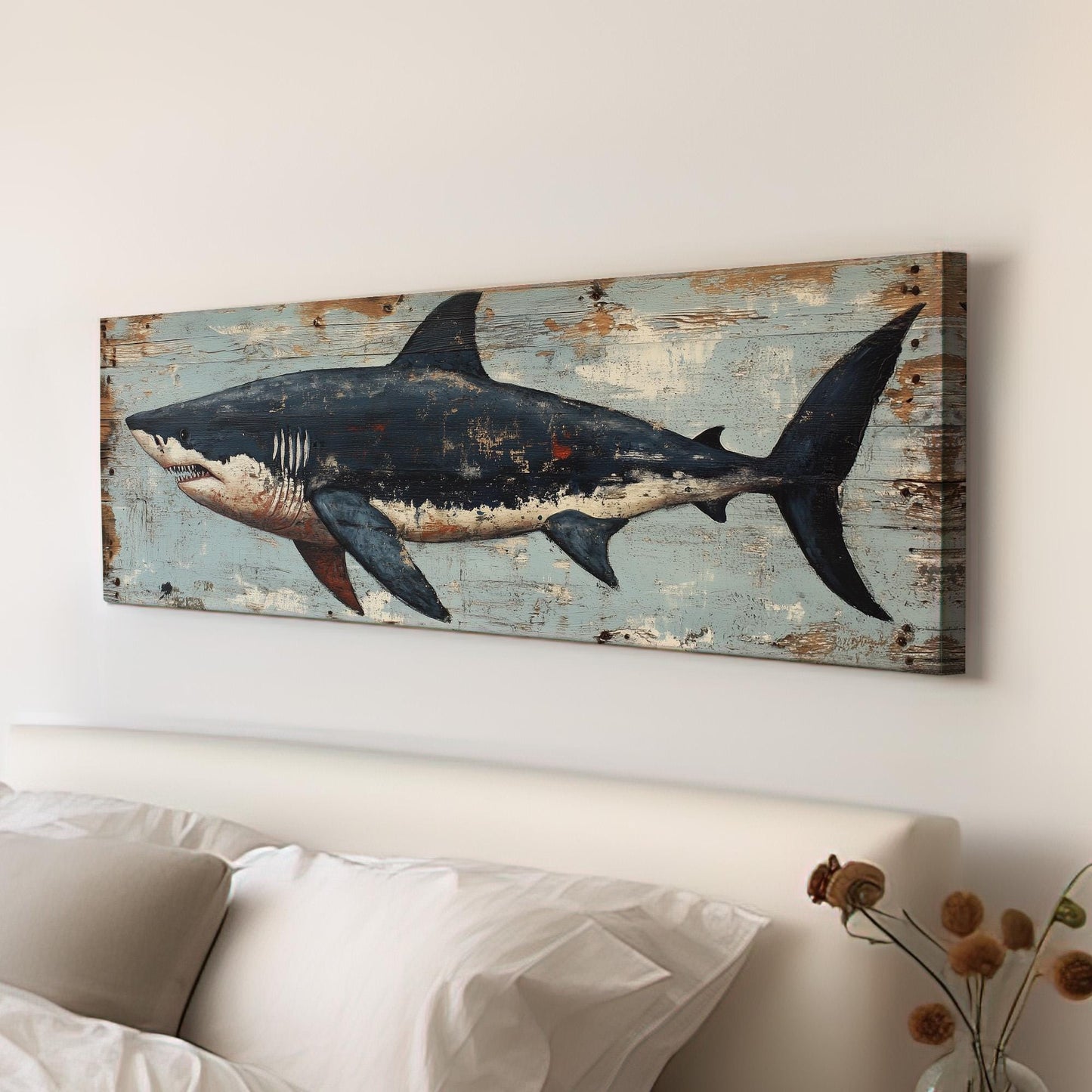 Rustic Great White Shark Panoramic Coastal Theme, Minimal Blue Ocean Vibes Canvas Print, Sea Predator Printed Canvas Art