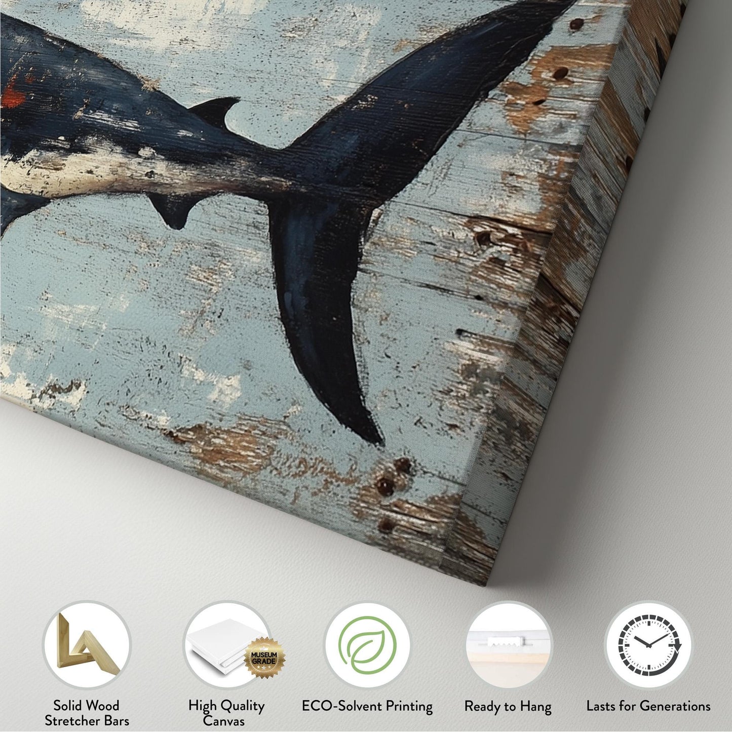 Rustic Great White Shark Panoramic Coastal Theme, Minimal Blue Ocean Vibes Canvas Print, Sea Predator Printed Canvas Art