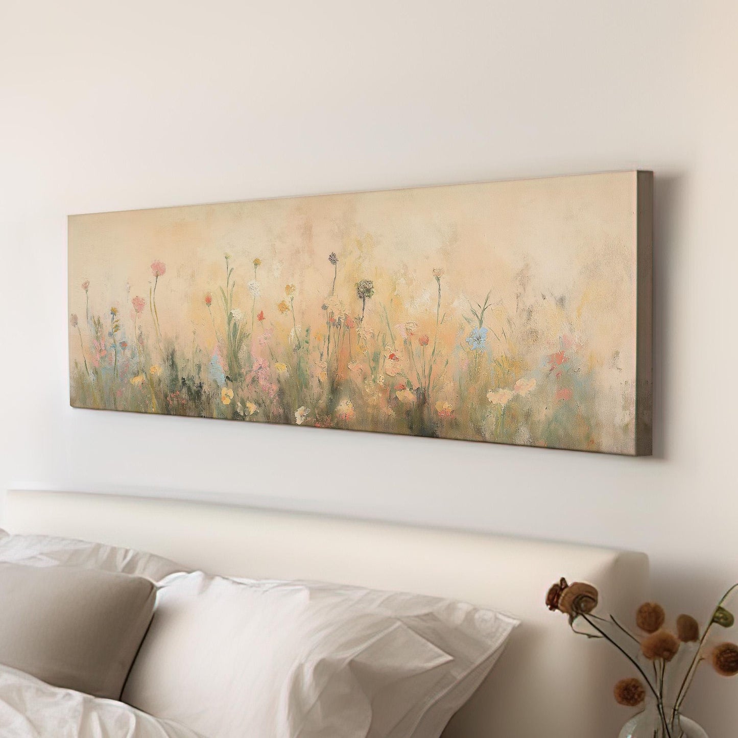Textile Spring Meadow Panoramic Wildflower Field, Minimal Muted Landscape Canvas Print, English Countryside Printed Canvas Art