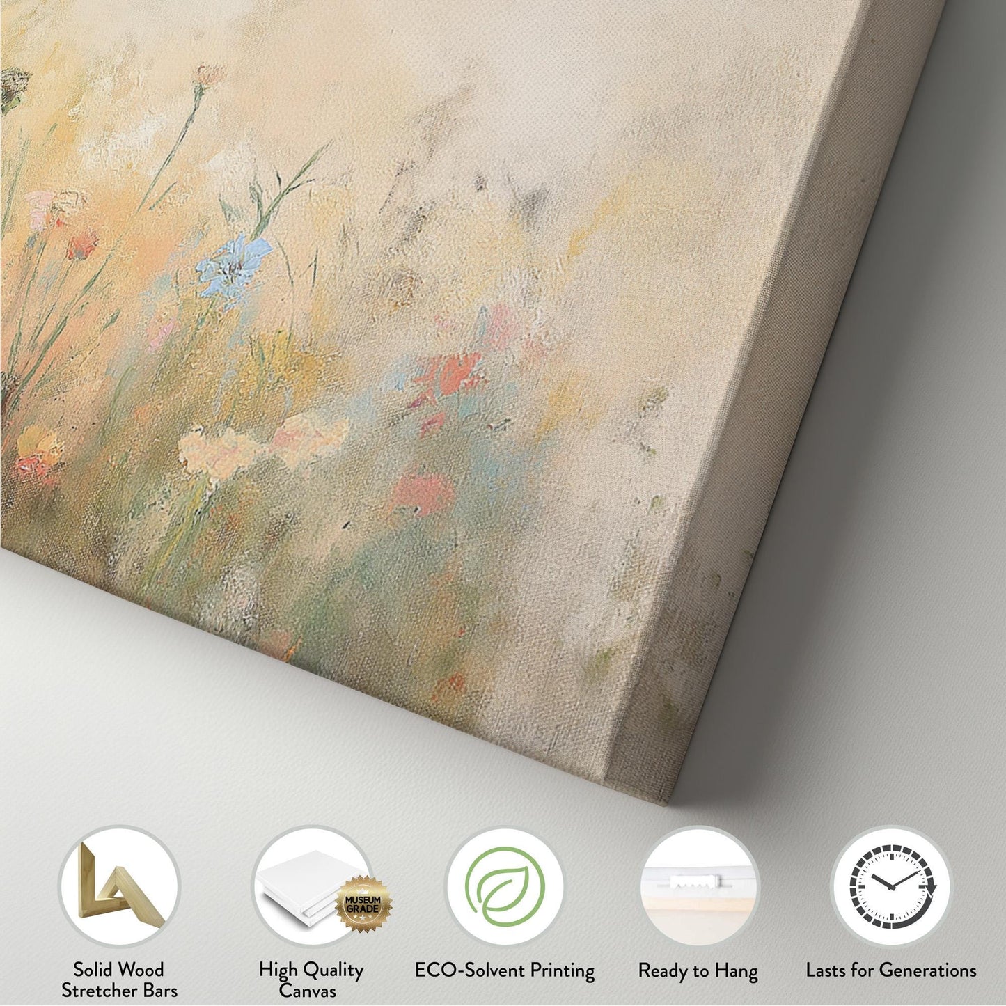 Textile Spring Meadow Panoramic Wildflower Field, Minimal Muted Landscape Canvas Print, English Countryside Printed Canvas Art
