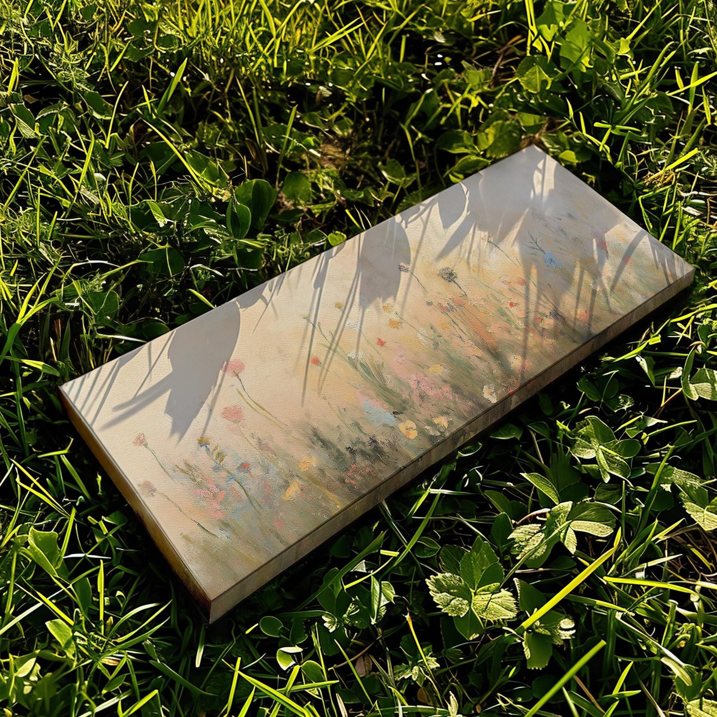 Textile Spring Meadow Panoramic Wildflower Field, Minimal Muted Landscape Canvas Print, English Countryside Printed Canvas Art