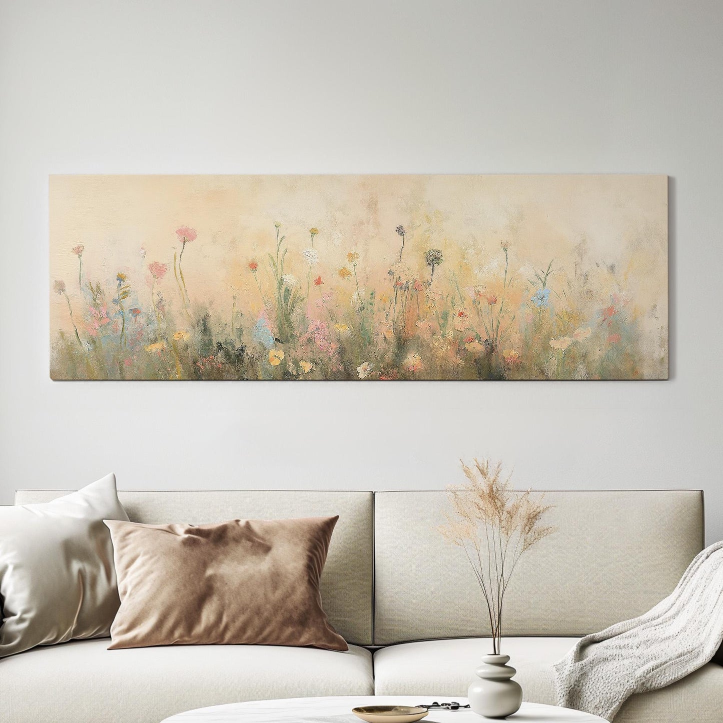 Textile Spring Meadow Panoramic Wildflower Field, Minimal Muted Landscape Canvas Print, English Countryside Printed Canvas Art