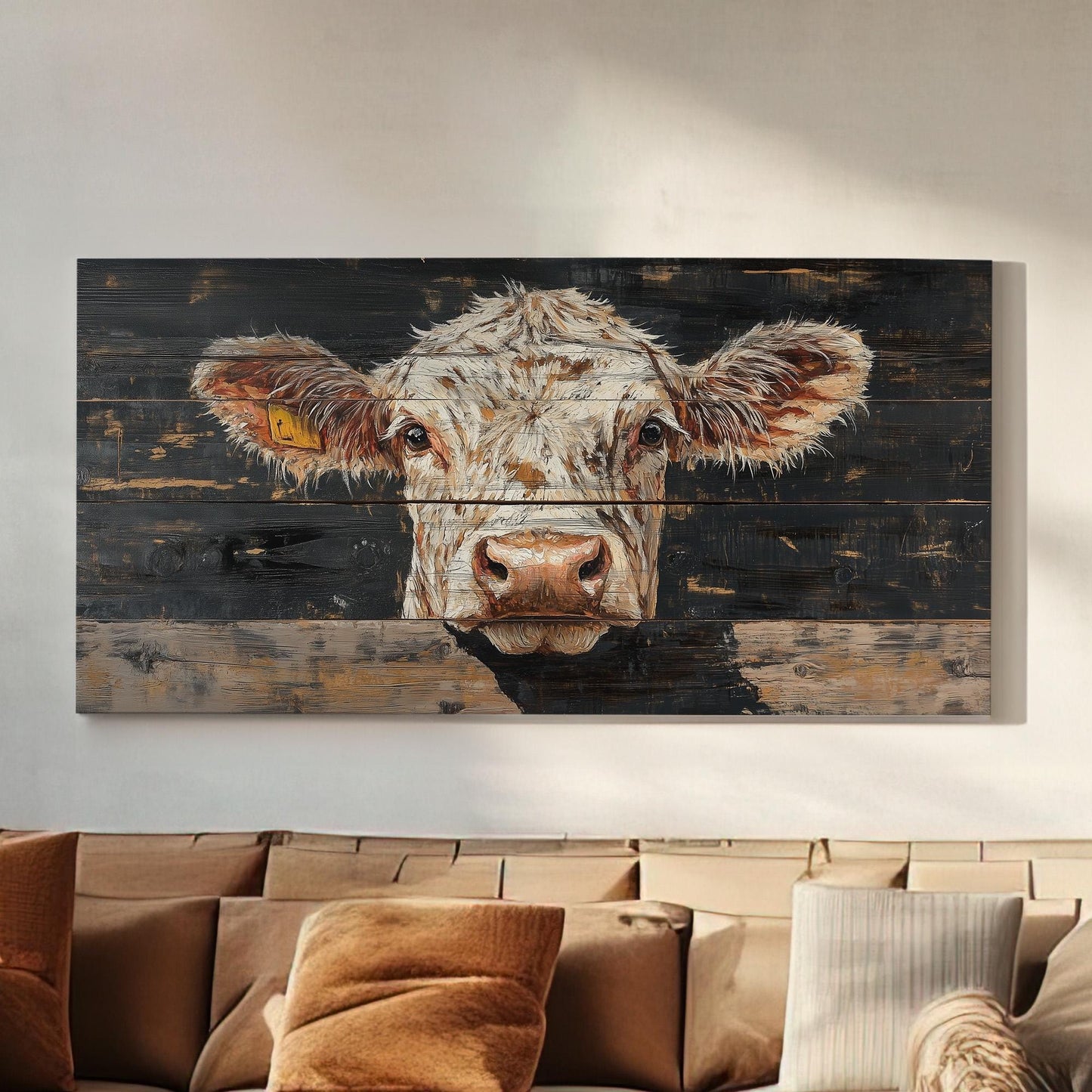 Cow Portrait Lanscape Dark Wood Texture, 2x1 Farm Decor Canvas Print, Rural Vibes 20x60 Canvas Art