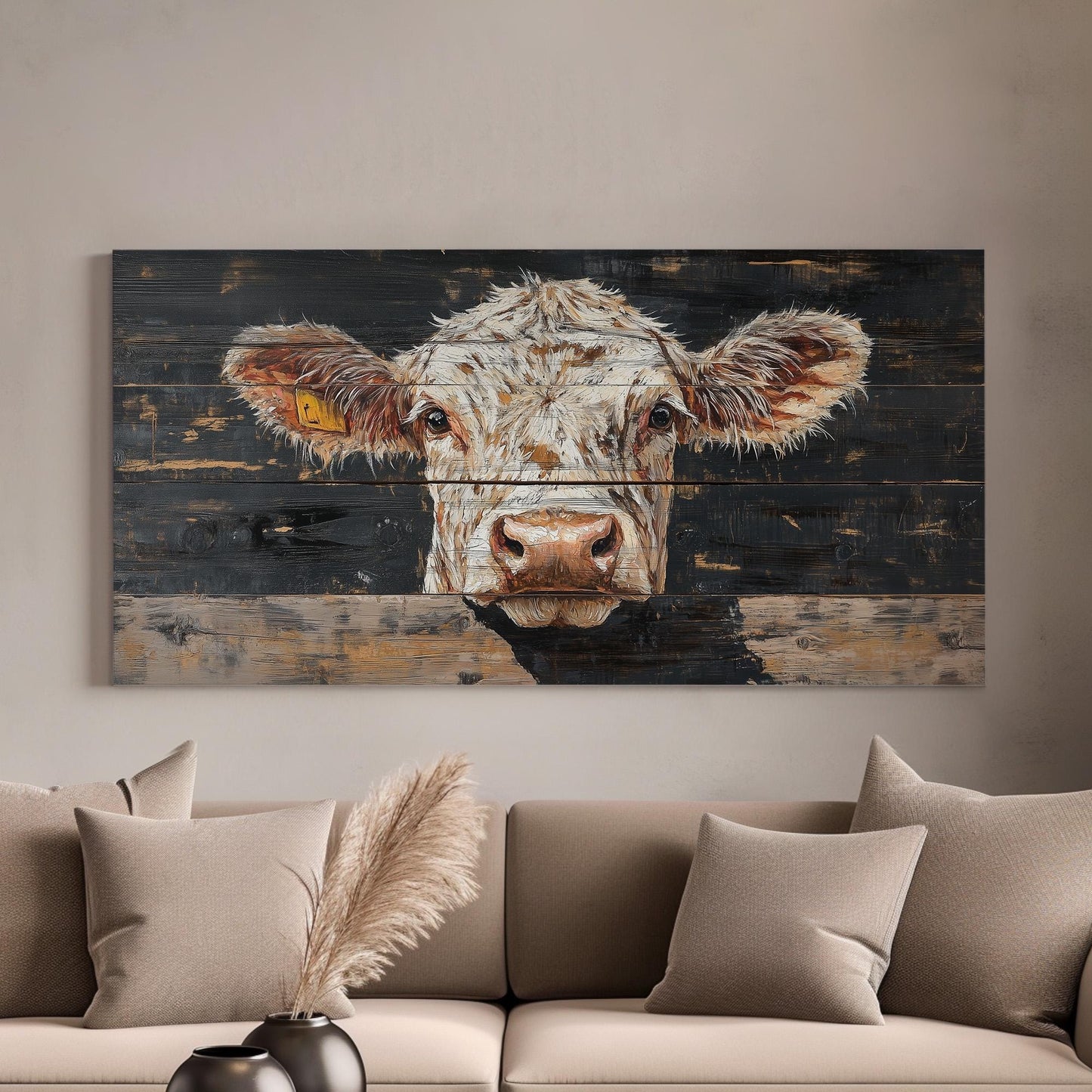 Cow Portrait Lanscape Dark Wood Texture, 2x1 Farm Decor Canvas Print, Rural Vibes 20x60 Canvas Art