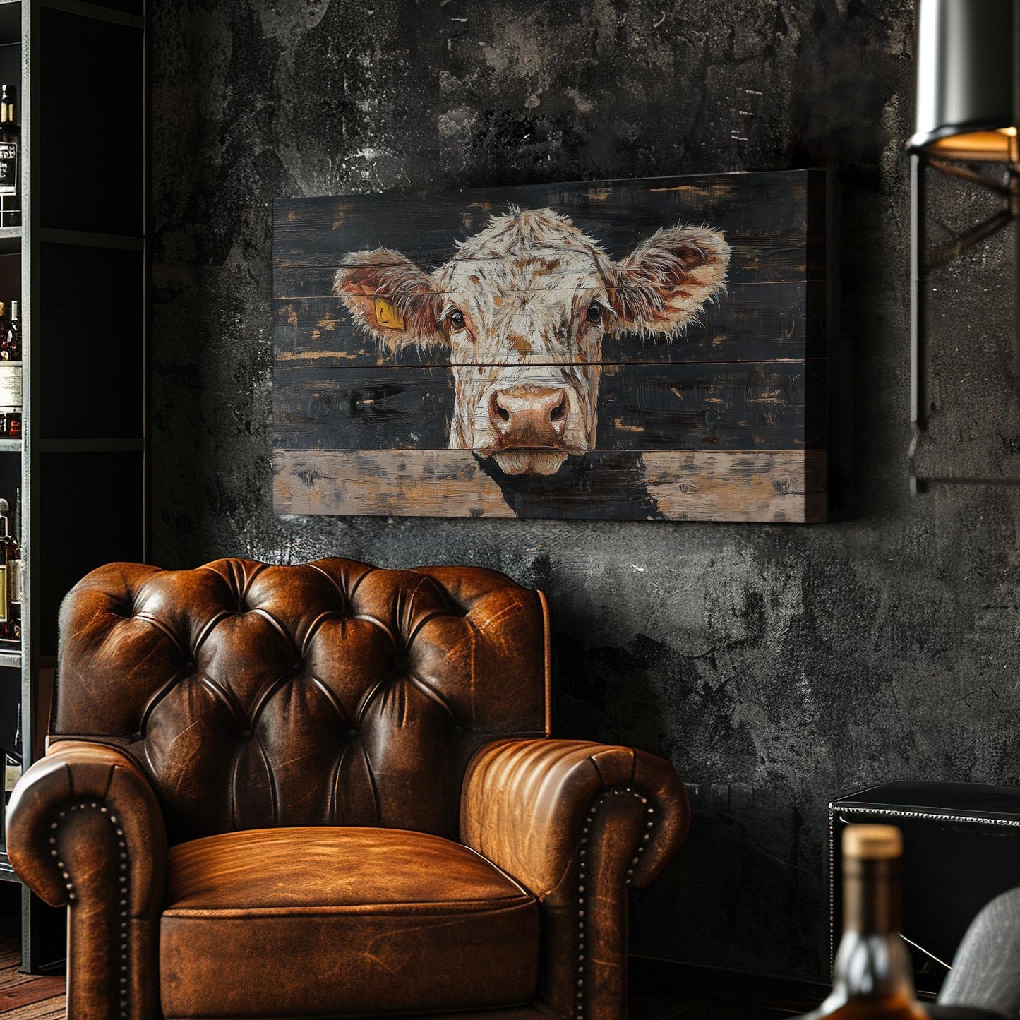 Cow Portrait Lanscape Dark Wood Texture, 2x1 Farm Decor Canvas Print, Rural Vibes 20x60 Canvas Art