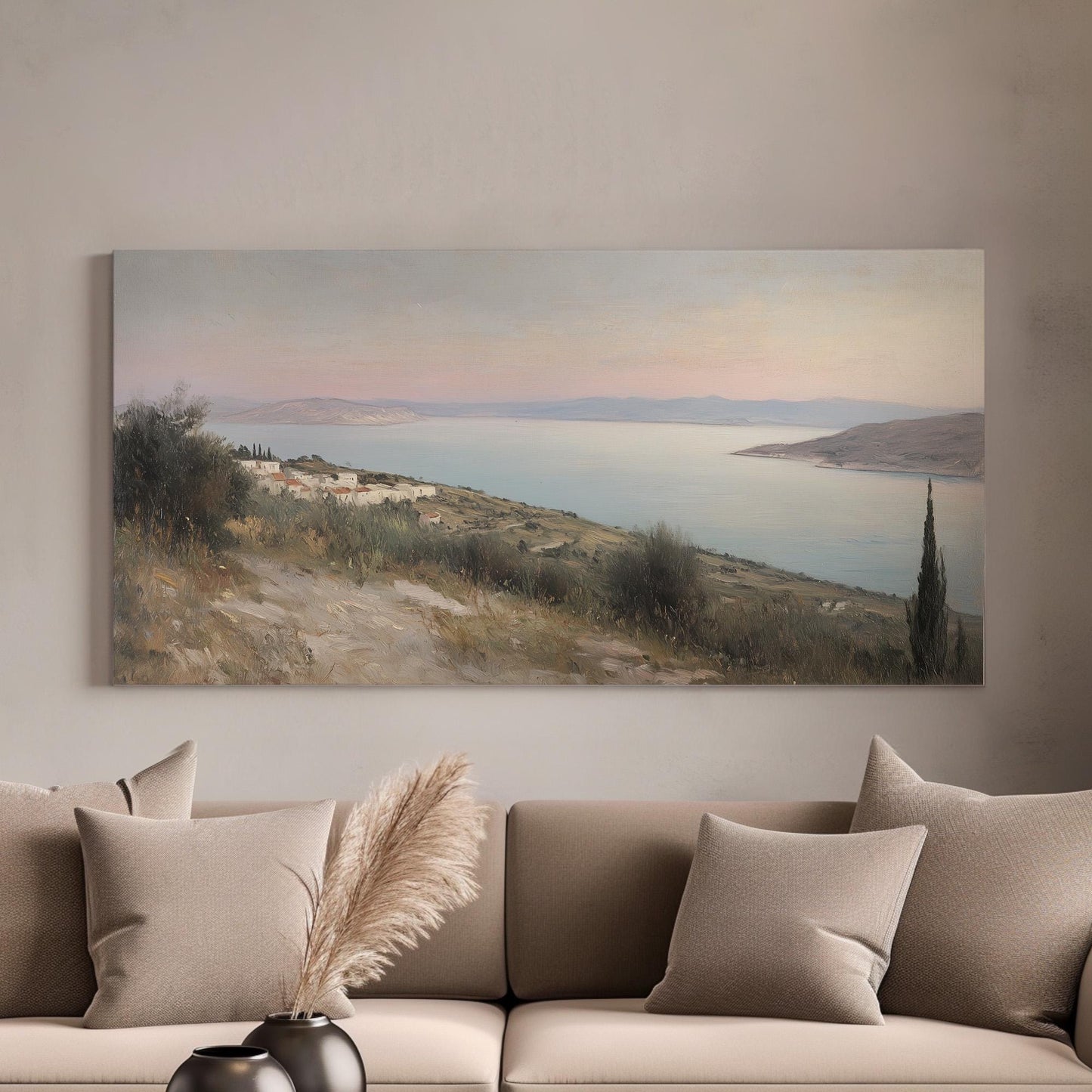 Greek Mediterranean Lanscape Muted Seascape, 2x1 Nautical Art Canvas Print, Coastal Sunset 20x60 Canvas Art