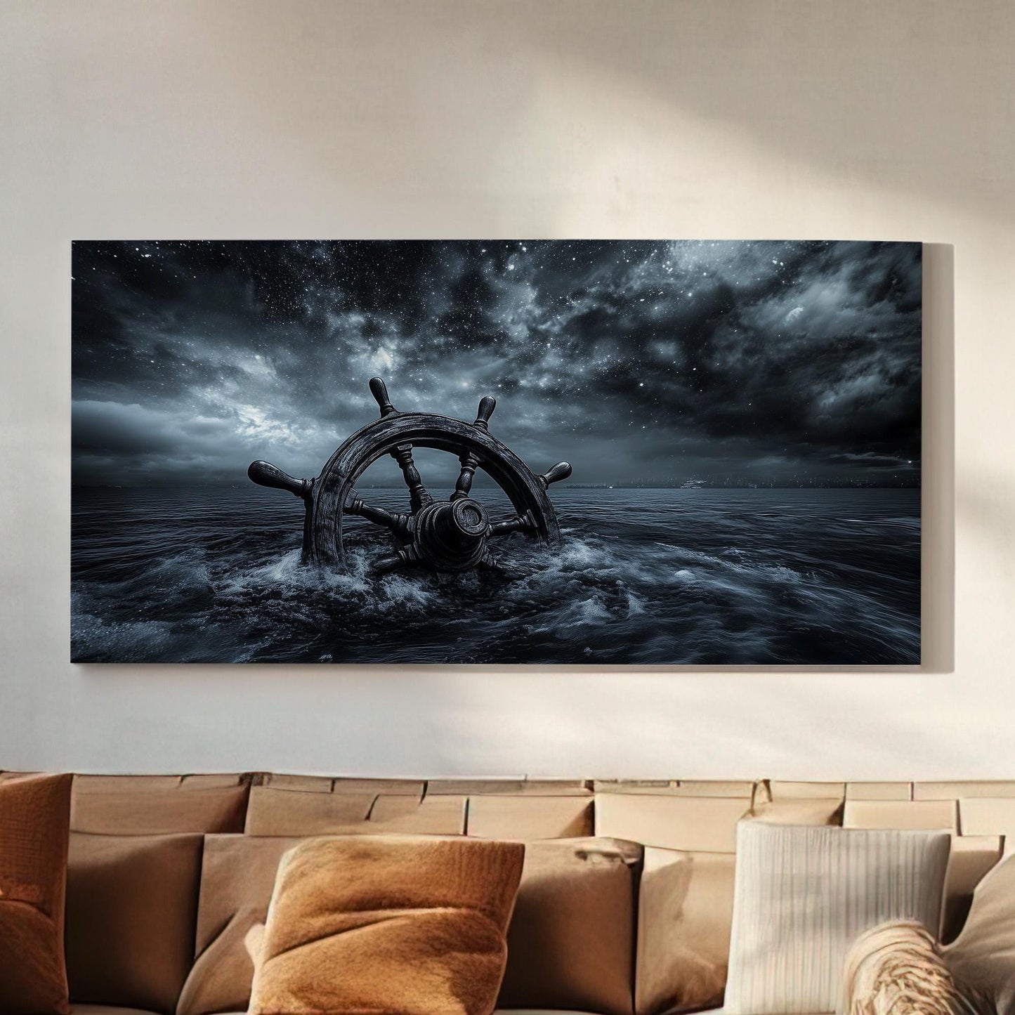 Lost Ship Wheel At Night Lanscape Coastal Nautical, 2x1 Rustic Sea Canvas Print, Starry Sky 20x60 Canvas Art