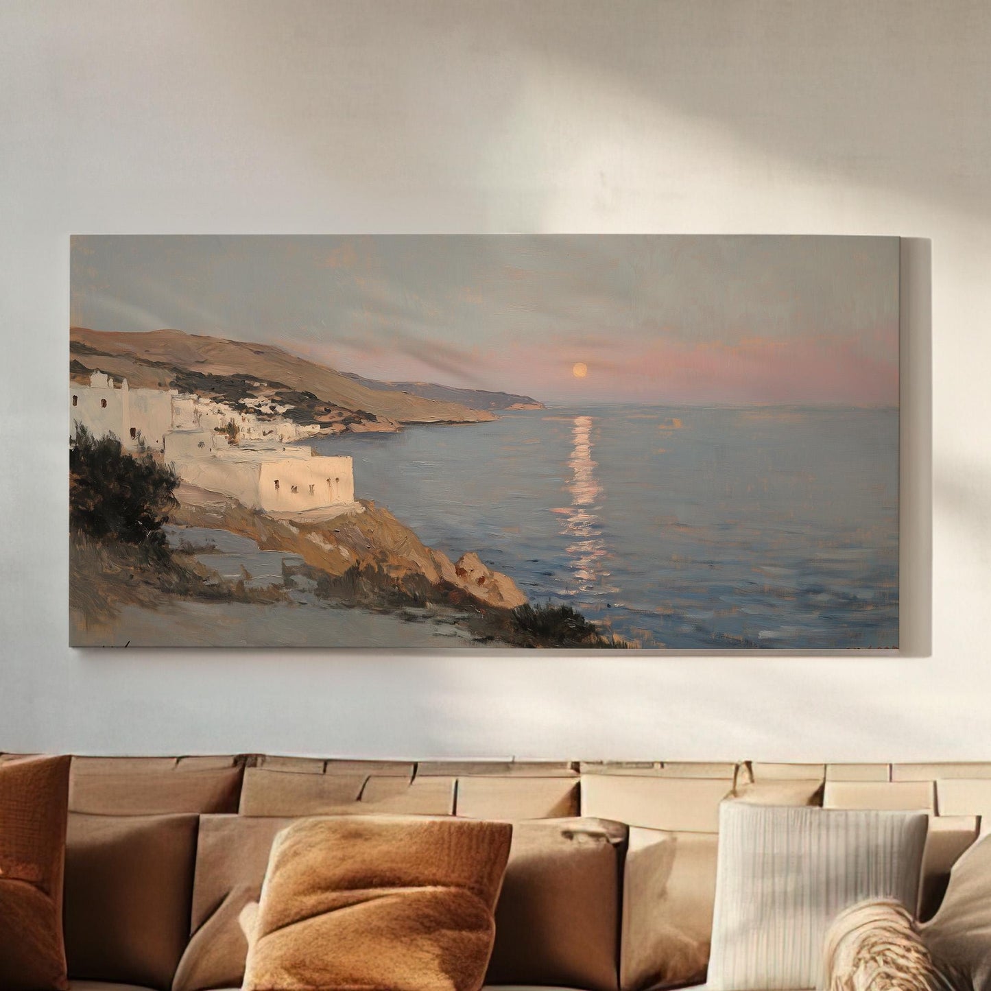 Rustic Mediterranean Lanscape Muted Seascape, 2x1 Nautical Art Canvas Print, Coastal Sunset 20x60 Canvas Art
