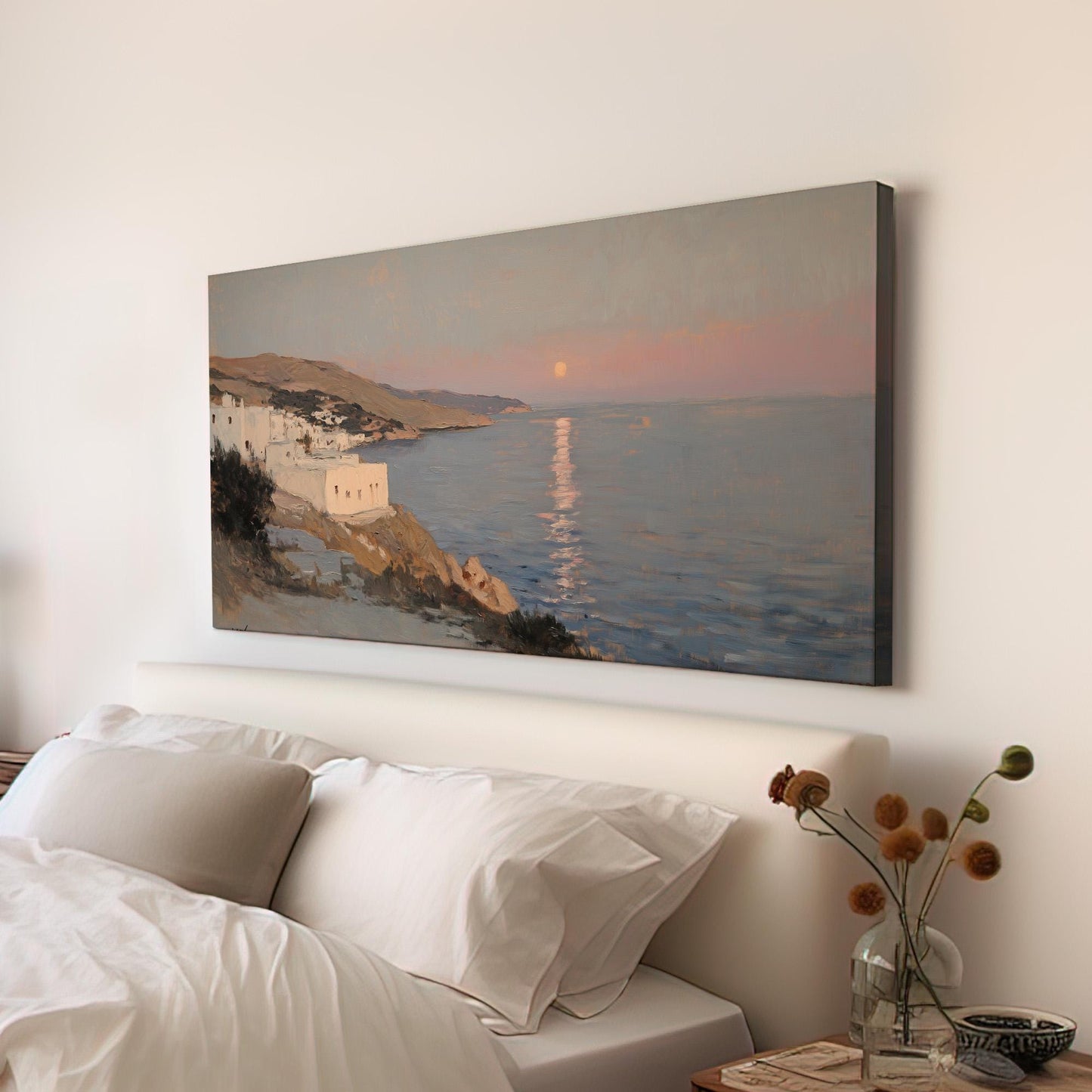 Rustic Mediterranean Lanscape Muted Seascape, 2x1 Nautical Art Canvas Print, Coastal Sunset 20x60 Canvas Art