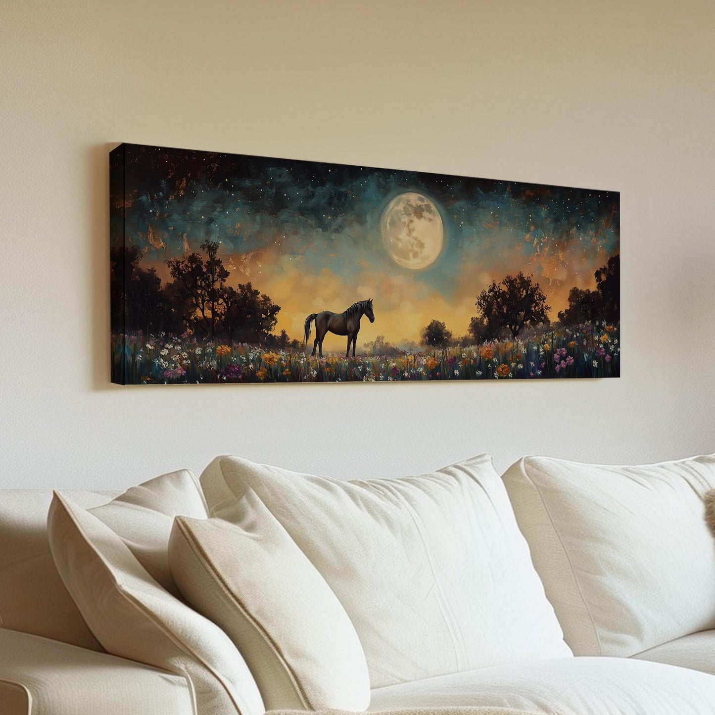 Horse Full Moon Panoramic Western Rustic, Minimal Farmhouse Ranch Canvas Print, Starry Night Printed Canvas Art