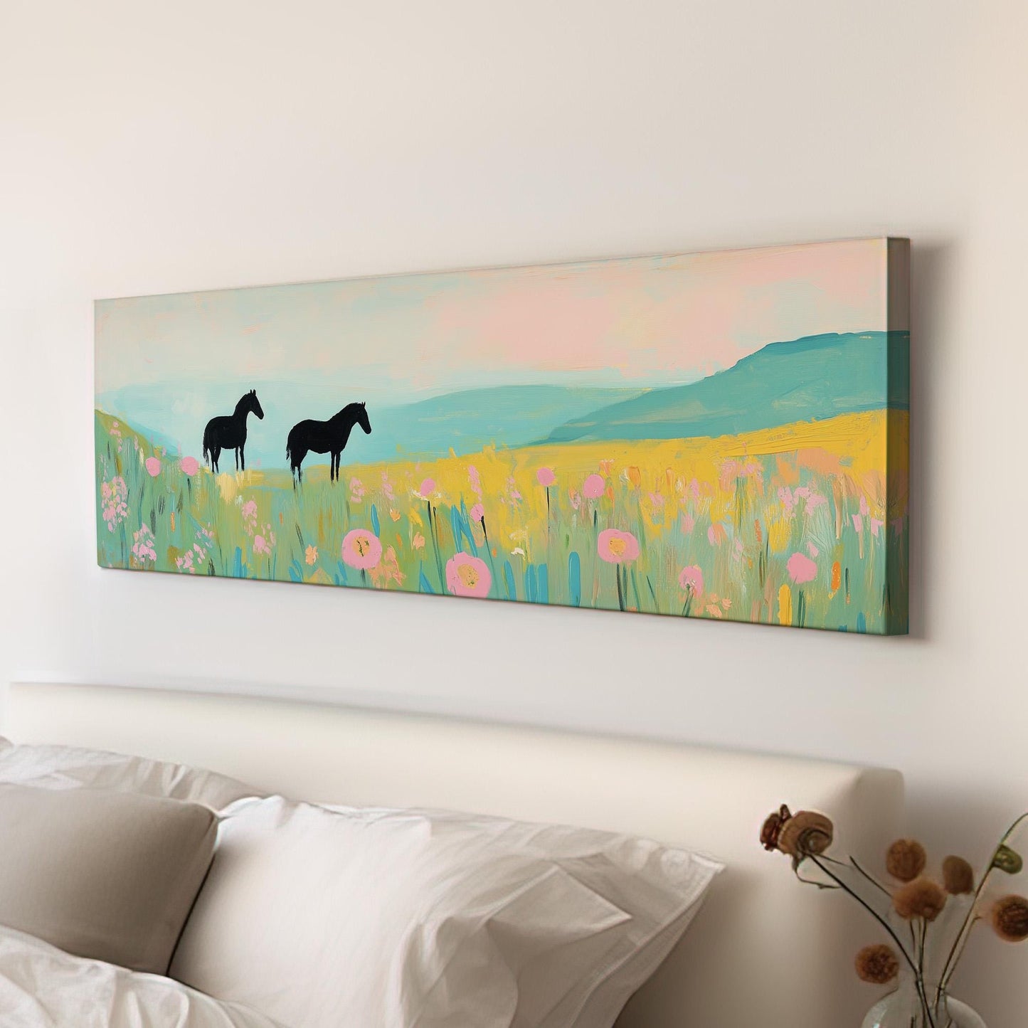 Horses On Colorful Wildflower Field Panoramic Flower Garden, Minimal Farmhouse Equestrian Canvas Print, Wild Nature Printed Canvas Art