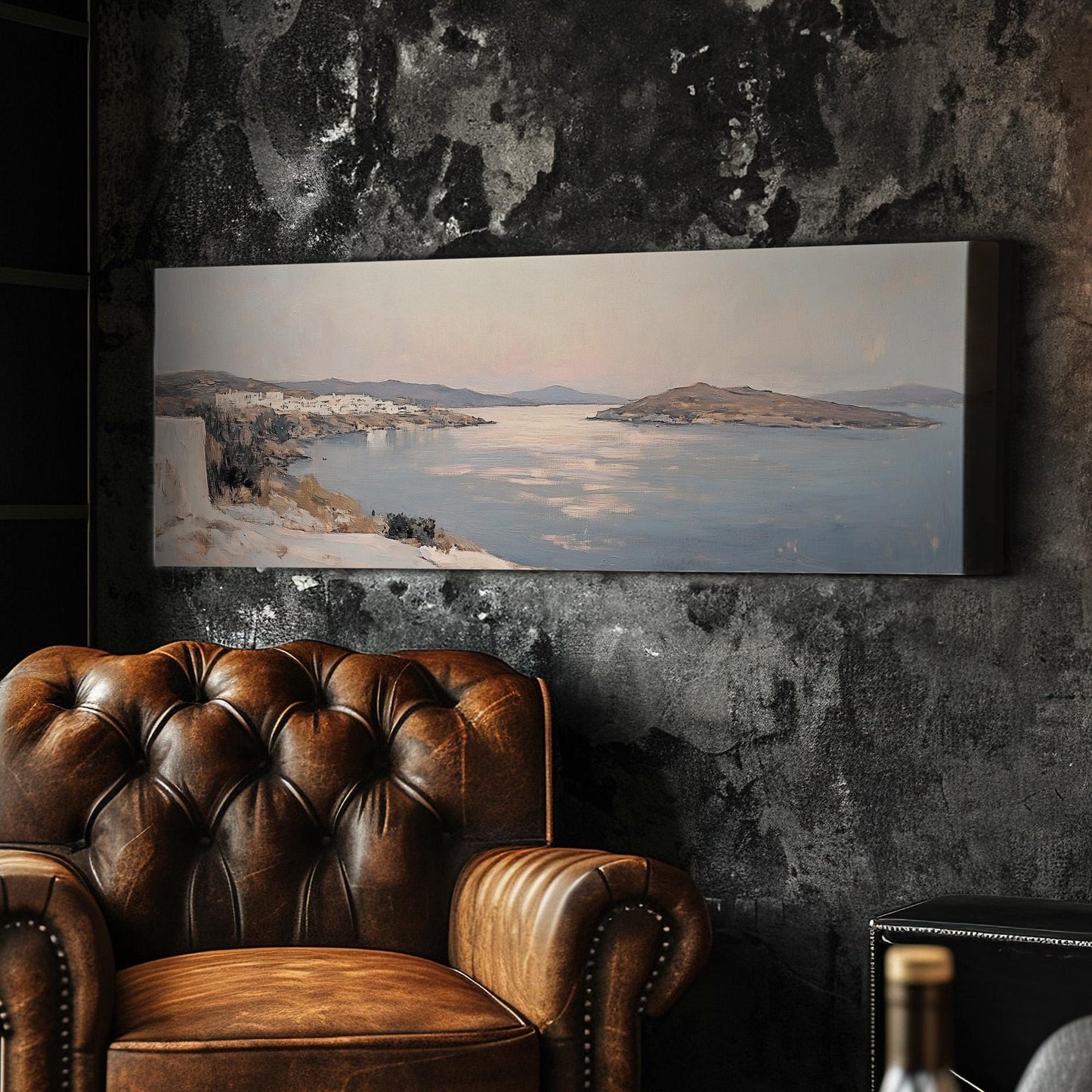 Italian Mediterranean Panoramic Muted Seascape, Minimal Nautical Art Canvas Print, Coastal Sunset Printed Canvas Art