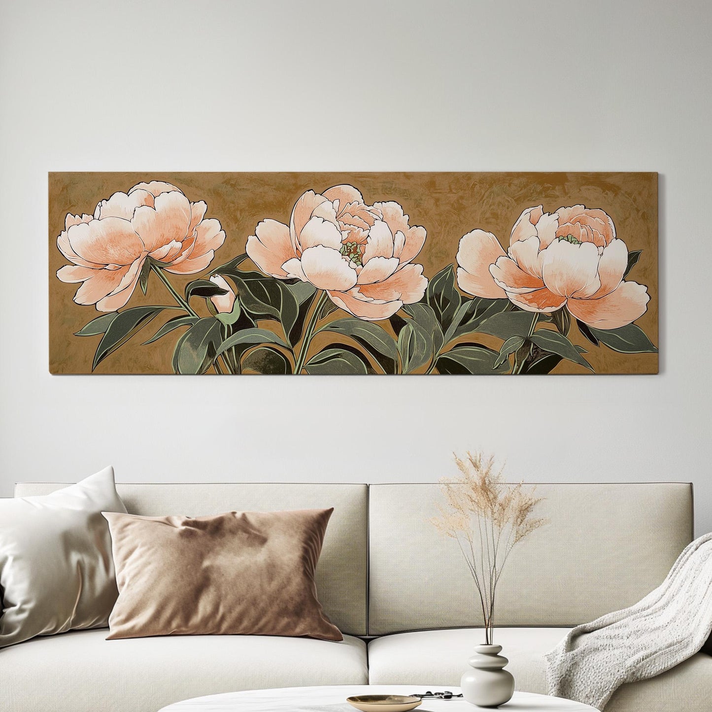 Peach Peony Bloom Panoramic Spring Garden, Minimal Floral Charm Canvas Print, Spring Farmhouse Printed Canvas Art