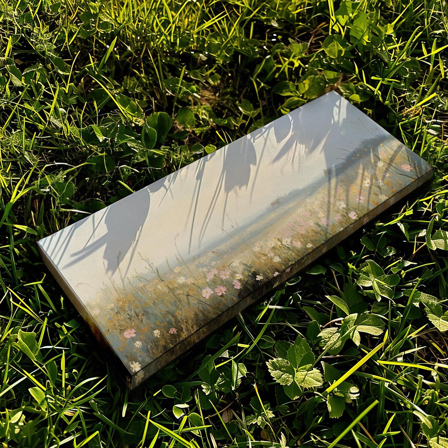 Pink Flowers on Spring Meadow Panoramic Wildflower Field, Minimal Muted Landscape Canvas Print, English Countryside Printed Canvas Art
