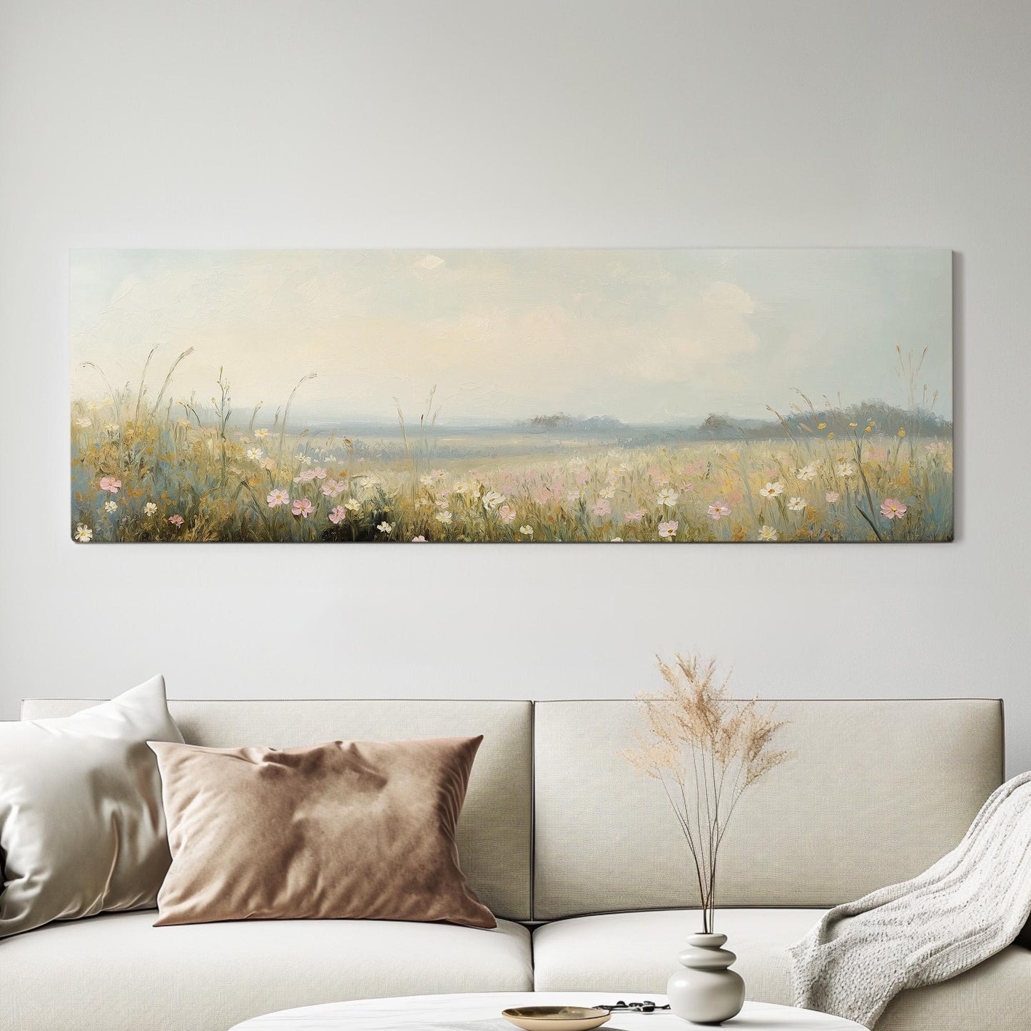 Pink Flowers on Spring Meadow Panoramic Wildflower Field, Minimal Muted Landscape Canvas Print, English Countryside Printed Canvas Art