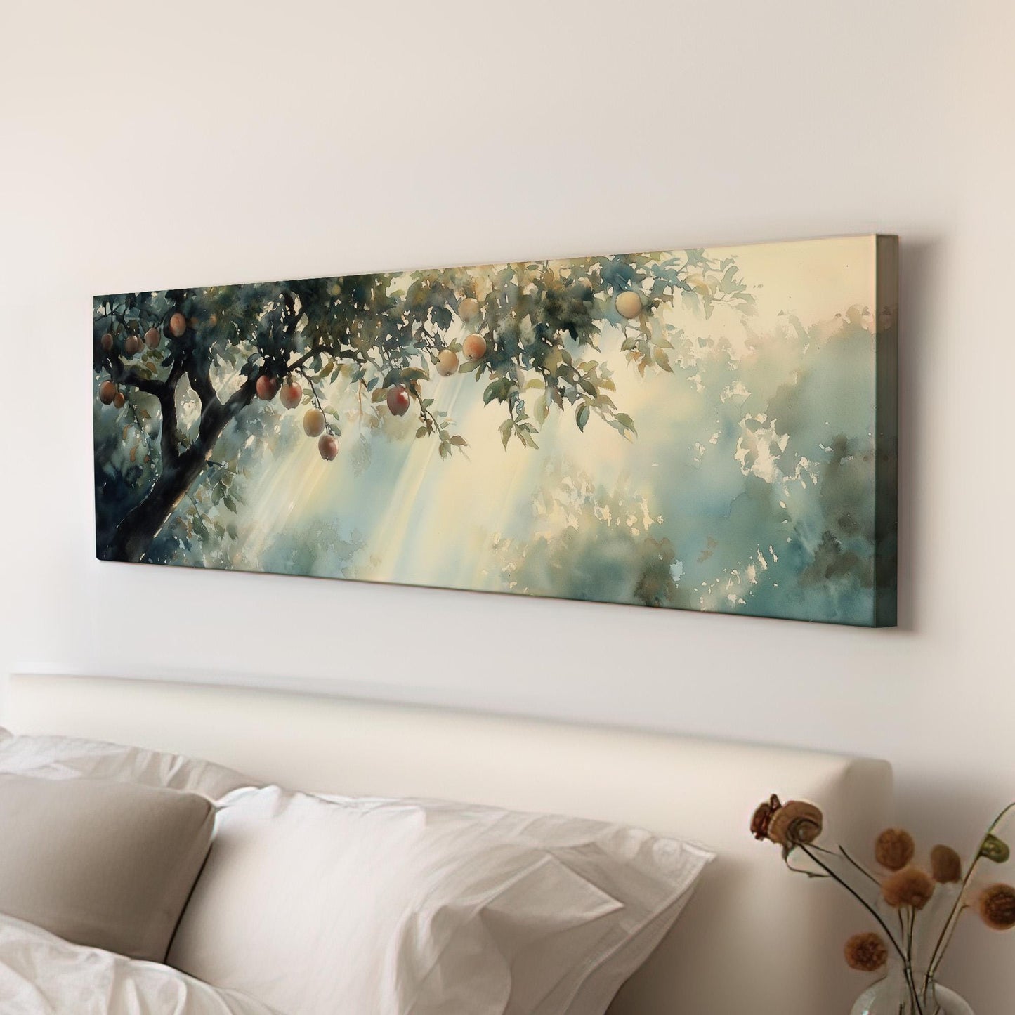 Spring Apple Tree Panoramic Magical Lights, Minimal Farmhouse Country Canvas Print, Nature Bloom Printed Canvas Art