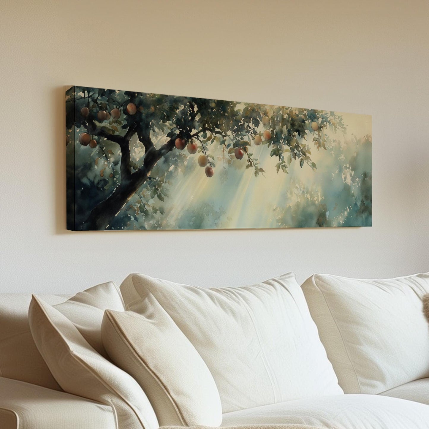 Spring Apple Tree Panoramic Magical Lights, Minimal Farmhouse Country Canvas Print, Nature Bloom Printed Canvas Art