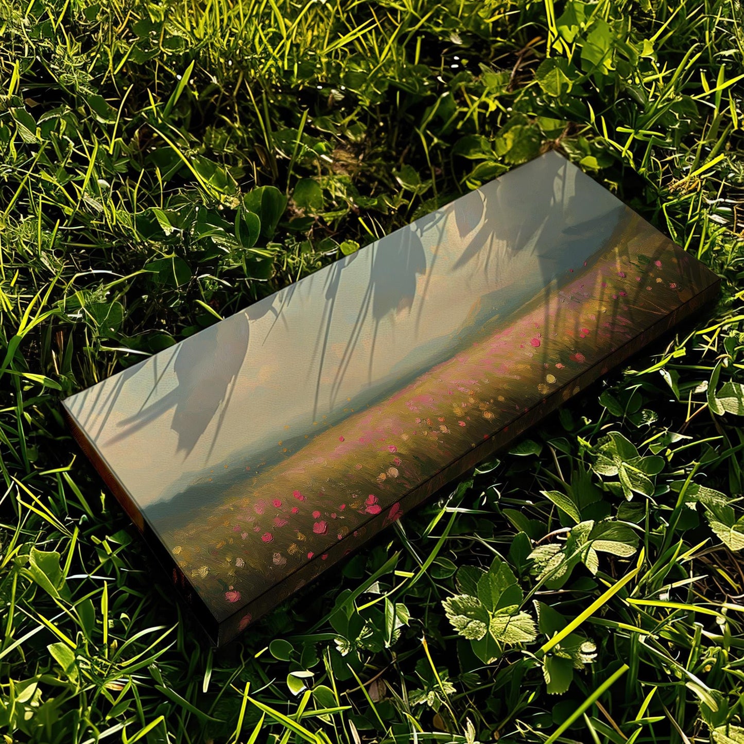 Spring Meadow in front of the Mountains Panoramic Wildflower Field, Minimal Muted Landscape Canvas, English Countryside Printed Canvas Art