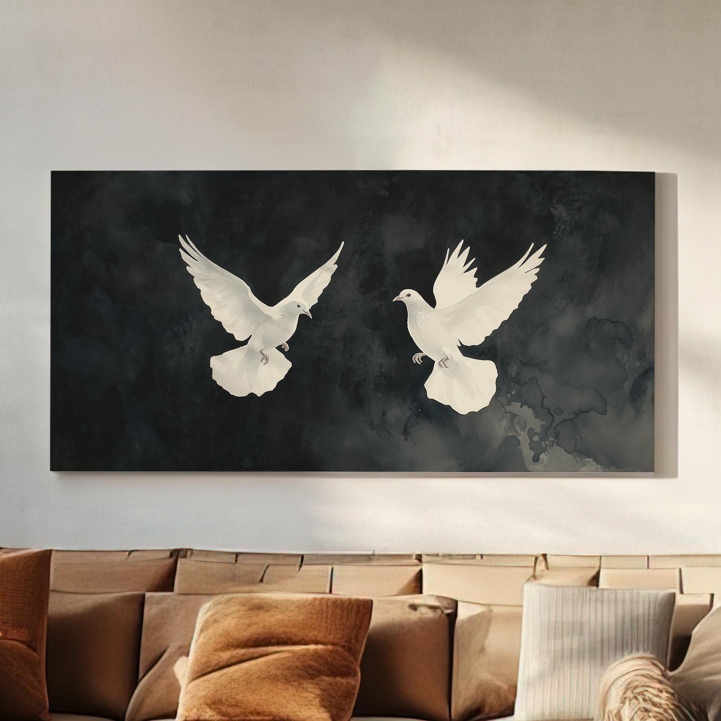 Dove Couple Lanscape Peaceful Night, 2x1 Flying Bird Canvas Print, Nature Calm 20x60 Canvas Art