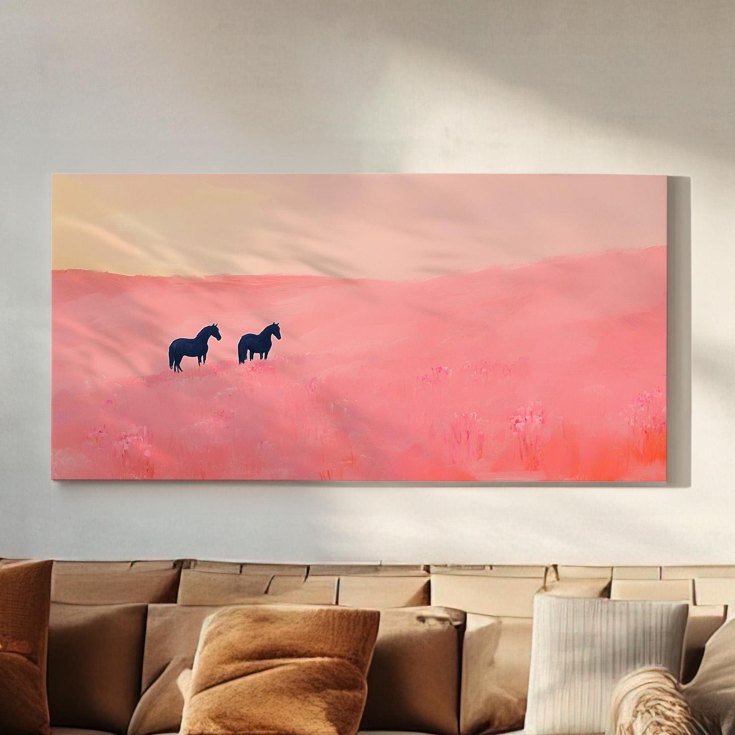 Horses With Pink Wildflowers Lanscape Western Country, 2x1 Farmhouse Equestrian Canvas Print, Wild Nature 20x60 Canvas Art
