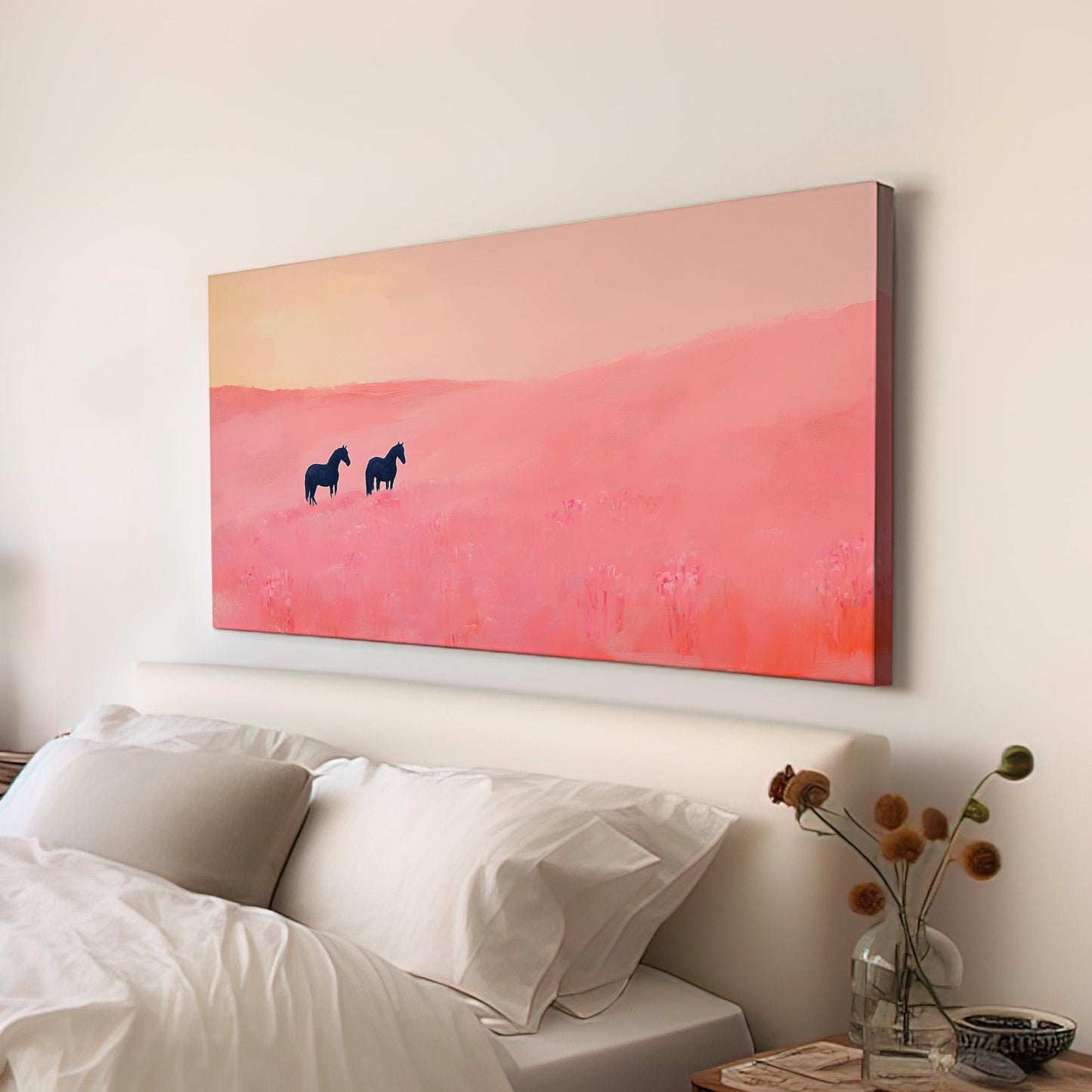 Horses With Pink Wildflowers Lanscape Western Country, 2x1 Farmhouse Equestrian Canvas Print, Wild Nature 20x60 Canvas Art