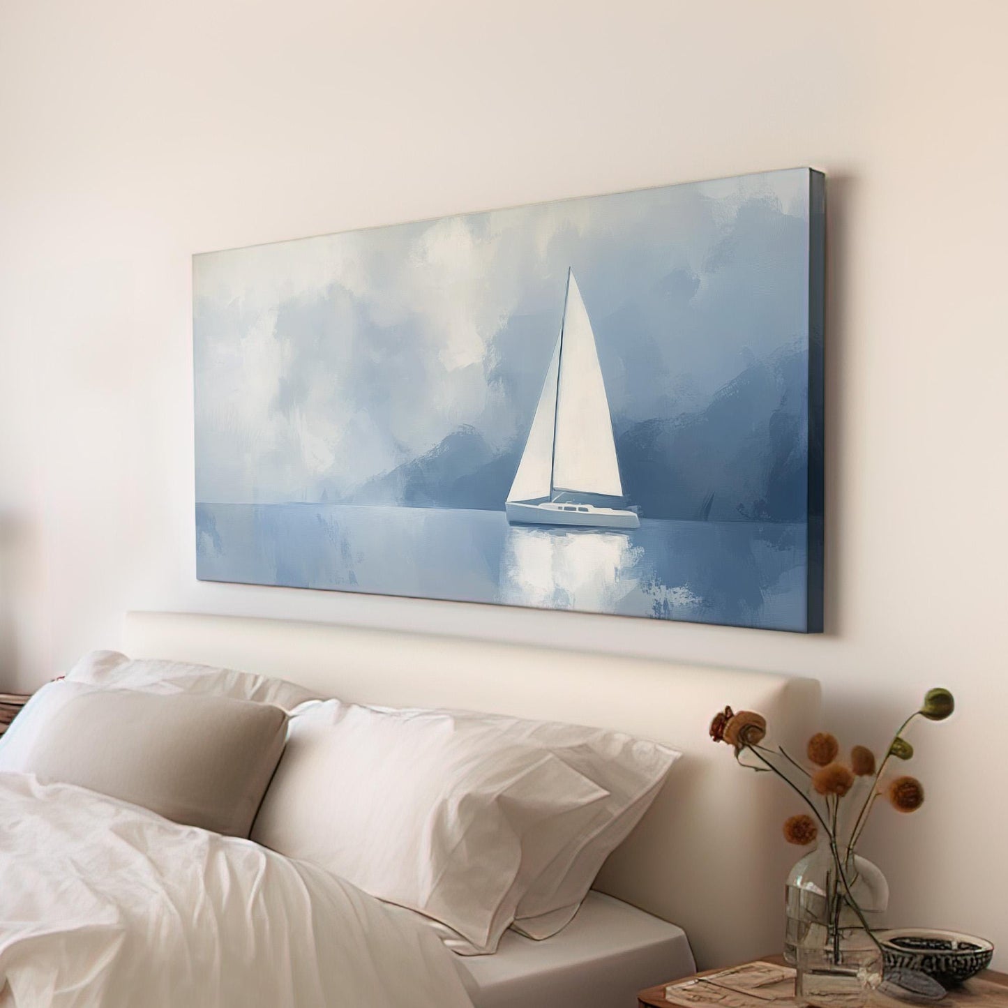 Moody Morning Sailing Lanscape Sailboat Nautical, 2x1 Rustic Sea Canvas Print, Maritime Calm 20x60 Canvas Art