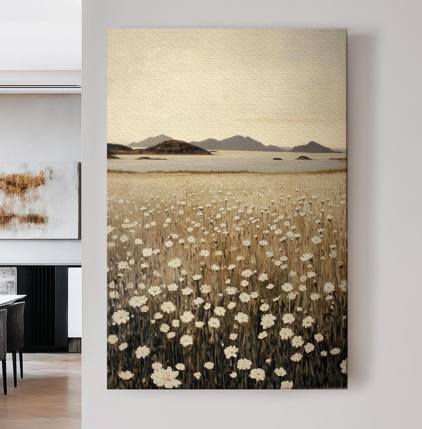 Coastal White Flower Field Vertical Floral Lakeside, Vintage Spring Vibes Canvas Print, Farmhouse Printed Canvas Art