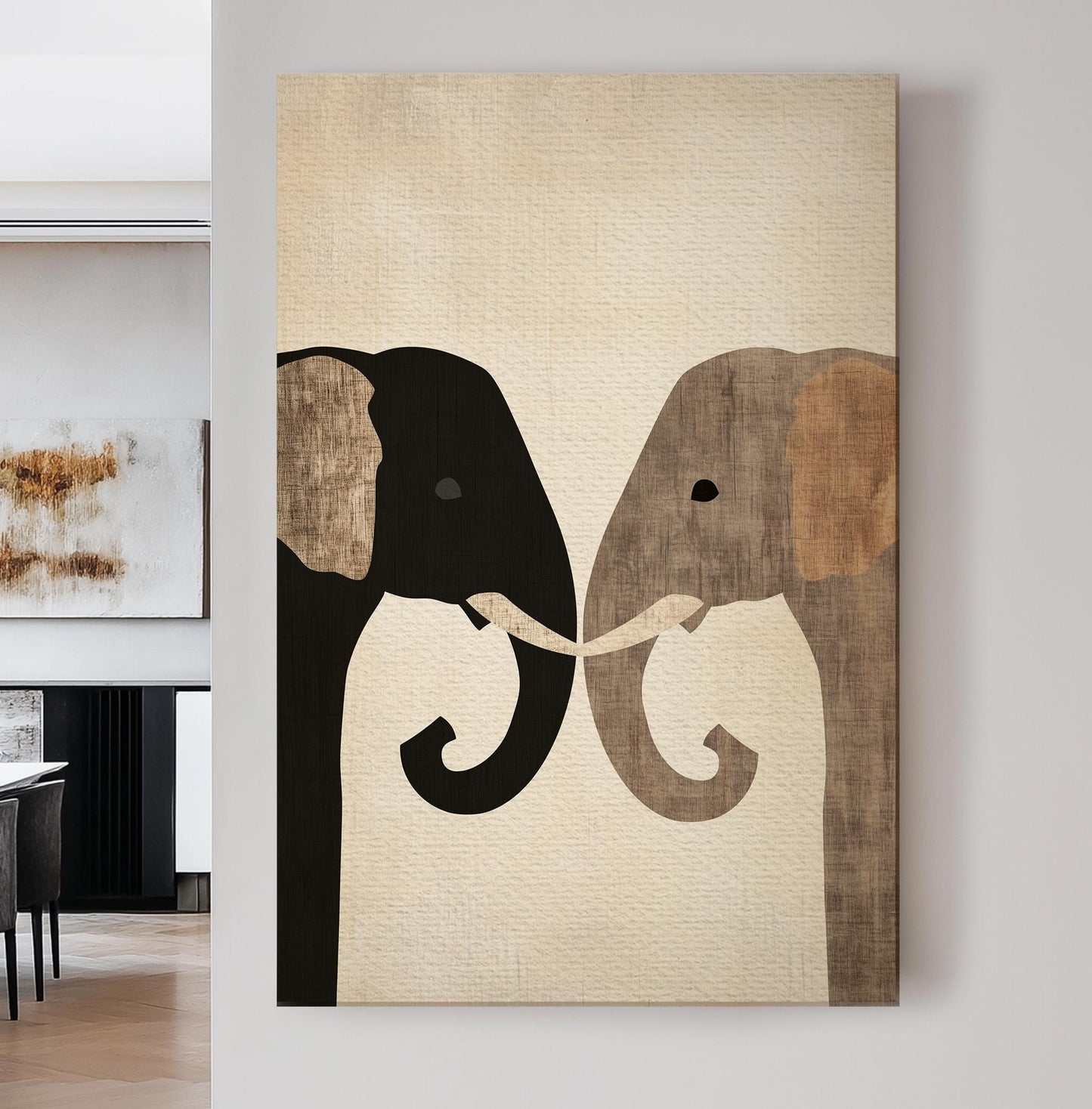 Cute Elephant Couple Vertical African Elephant, Vintage Animal Lover Canvas Print, Boho Japandi Printed Canvas Art