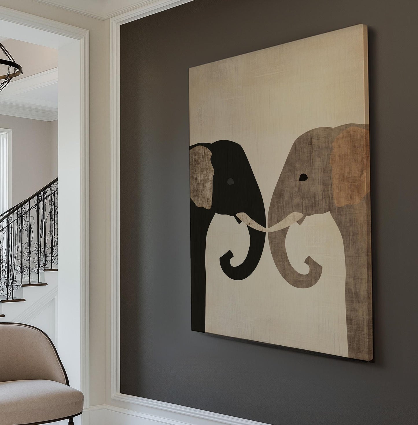 Cute Elephant Couple Vertical African Elephant, Vintage Animal Lover Canvas Print, Boho Japandi Printed Canvas Art