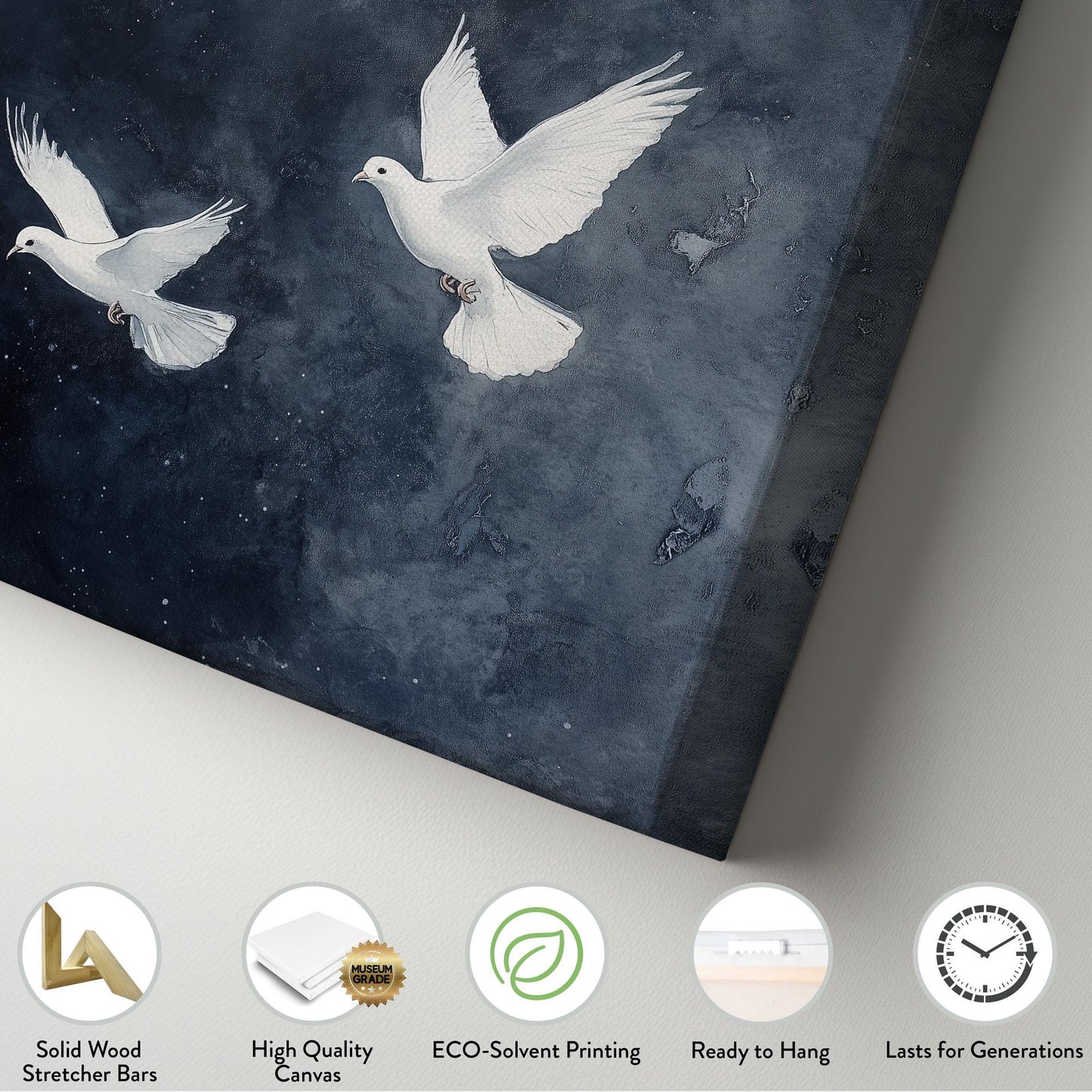 Flock of White Doves Vertical Peaceful Night, Vintage Flying Bird Canvas Print, Nature Calm Printed Canvas Art