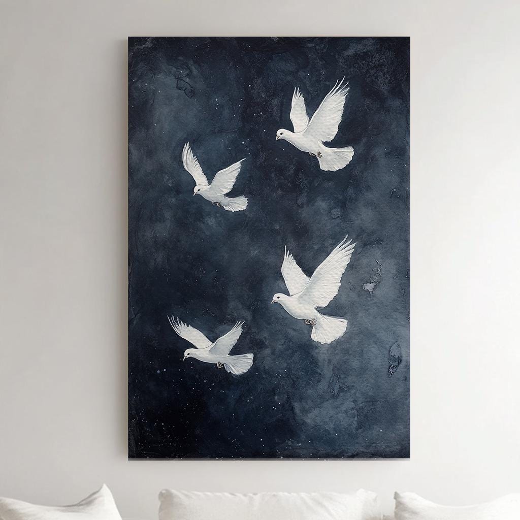 Flock of White Doves Vertical Peaceful Night, Vintage Flying Bird Canvas Print, Nature Calm Printed Canvas Art