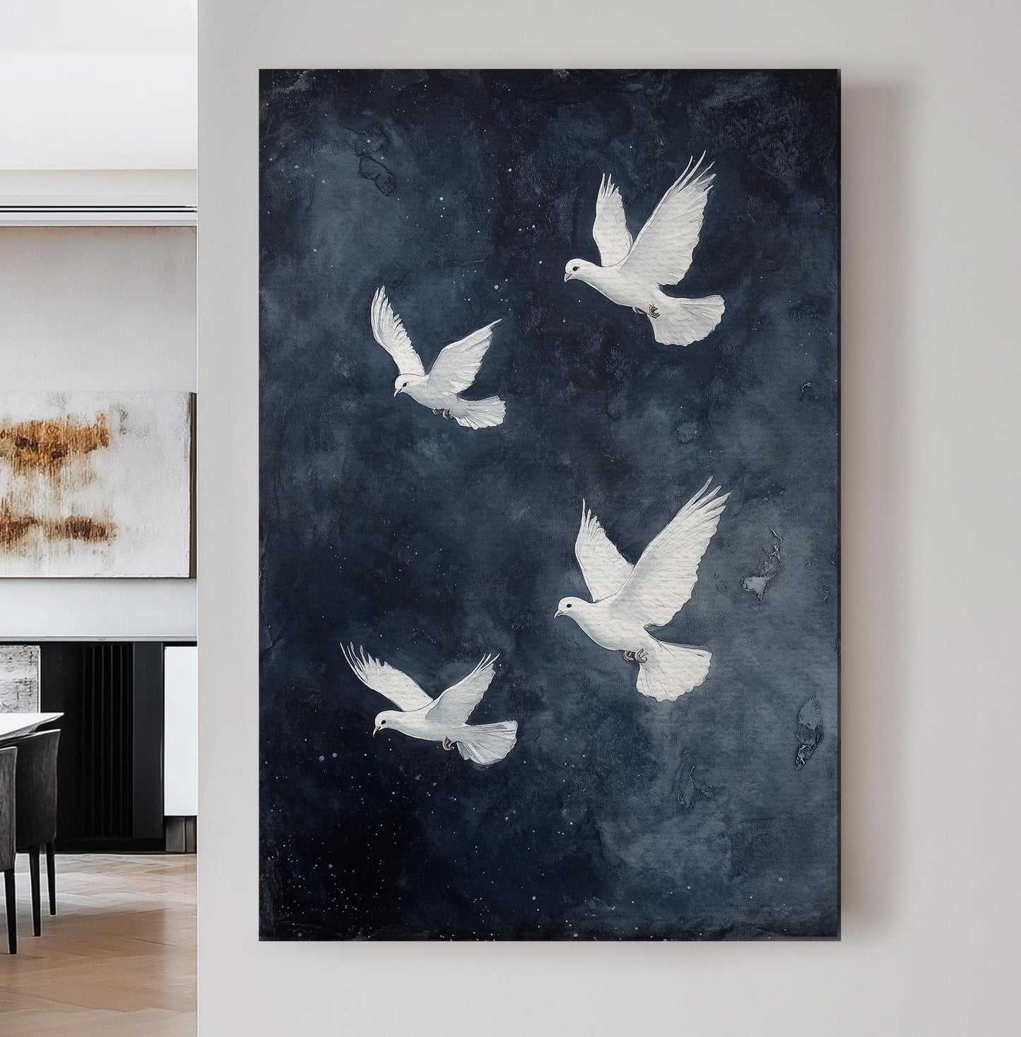 Flock of White Doves Vertical Peaceful Night, Vintage Flying Bird Canvas Print, Nature Calm Printed Canvas Art