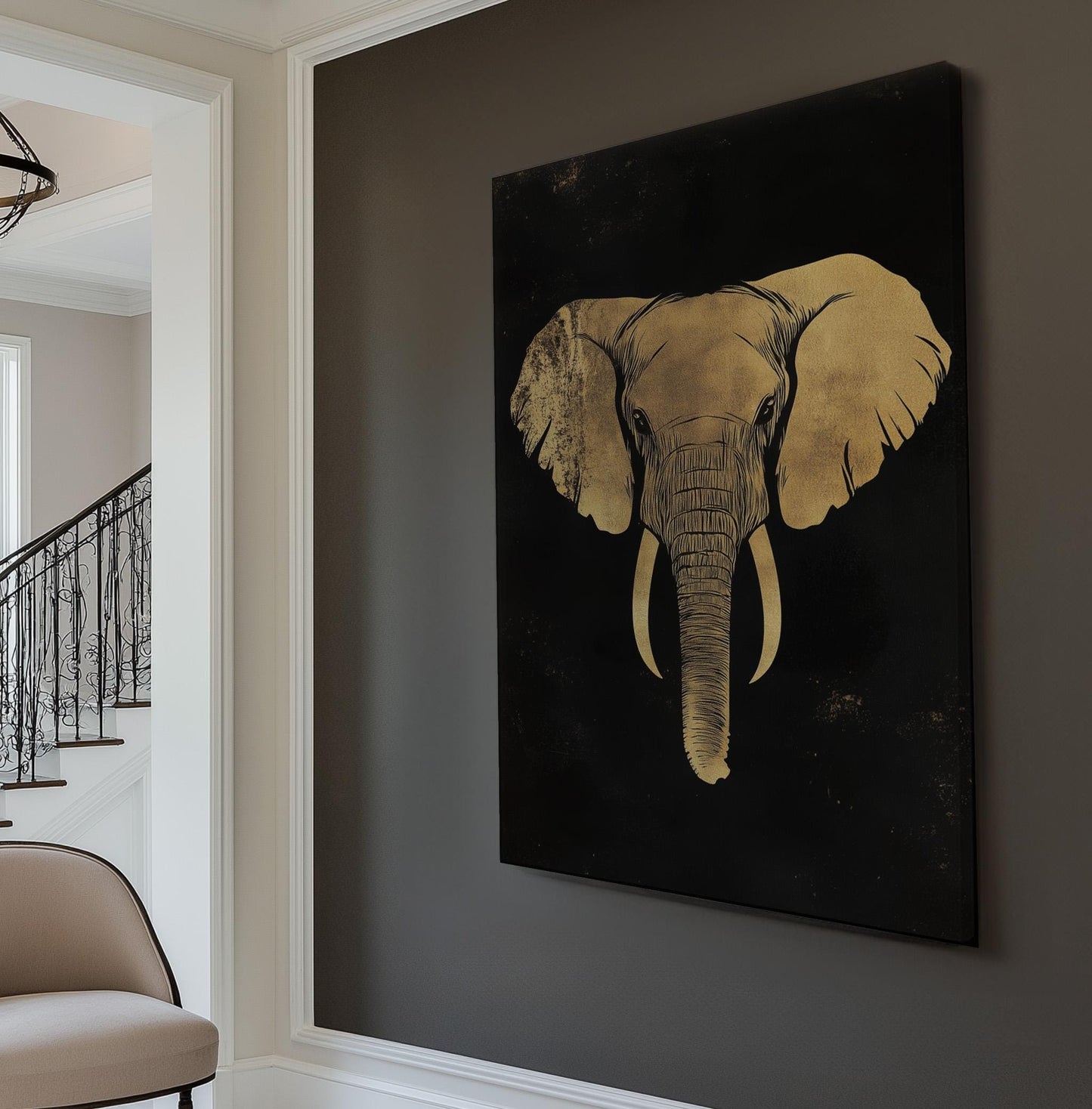 Golden Elephant Vertical African Elephant, Vintage Animal Lover Canvas Print, Boho Japandi Printed Canvas Art