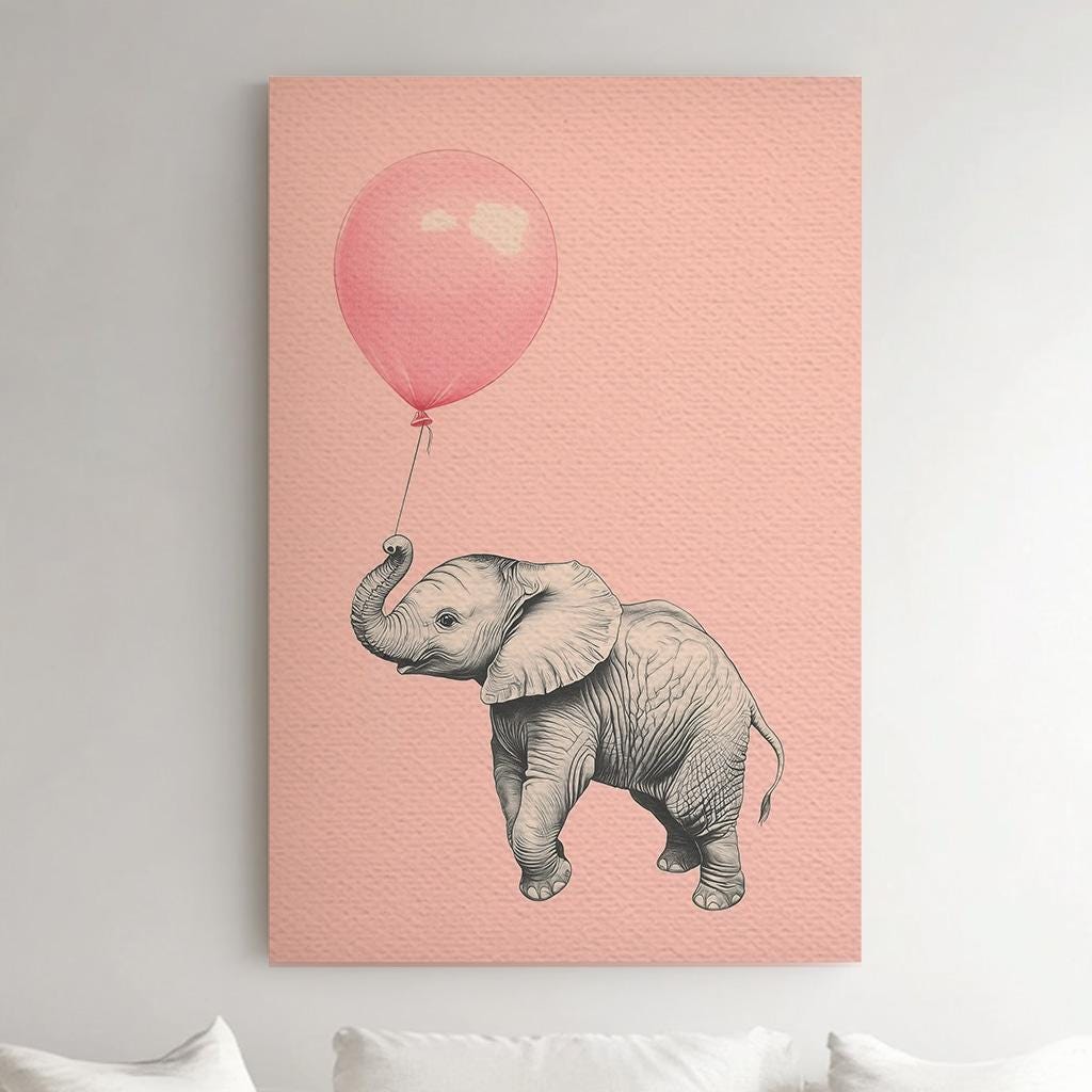 Nursery Flying Elephant Vertical African Elephant, Vintage Animal Lover Canvas Print, Boho Japandi Printed Canvas Art