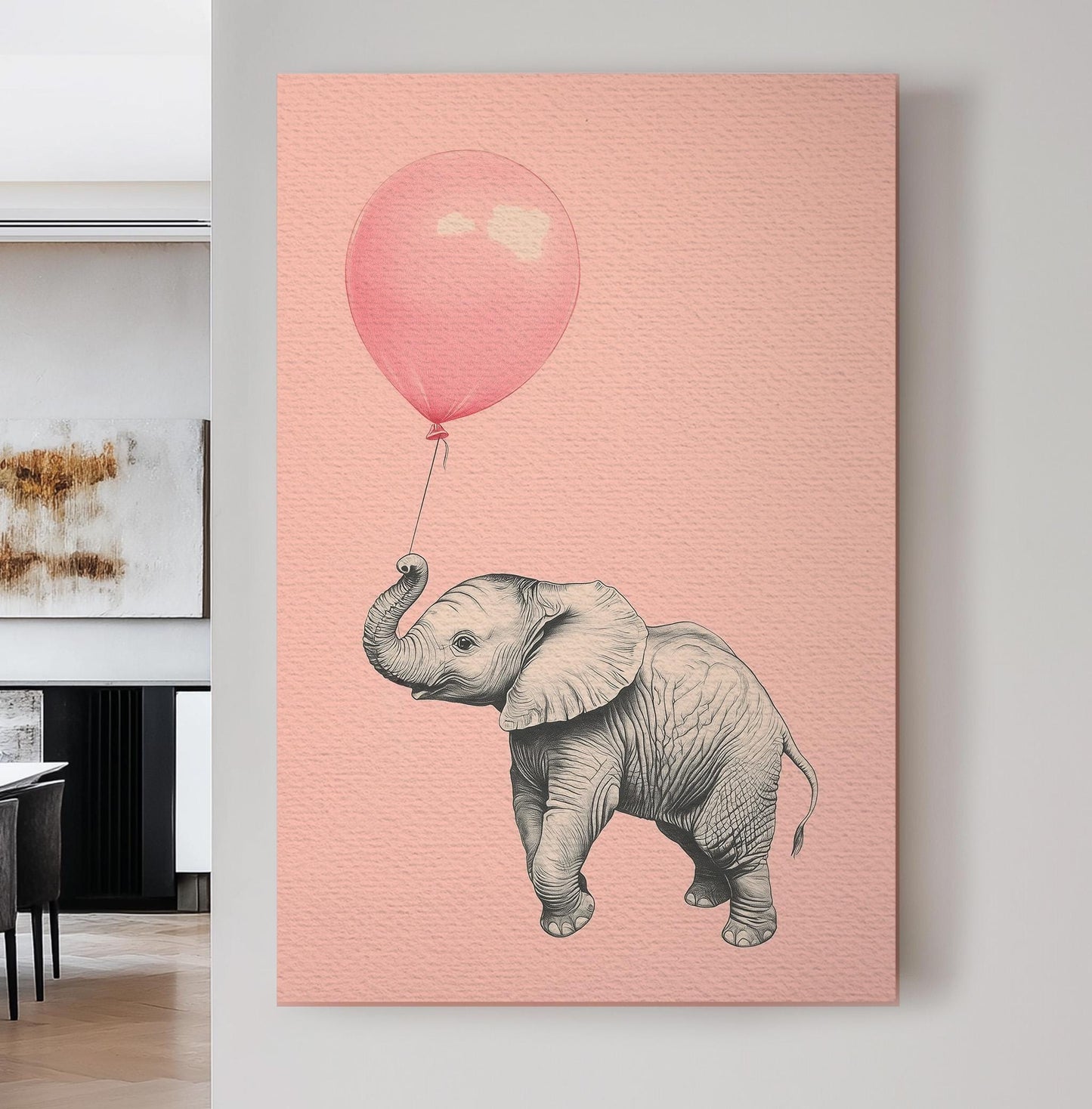 Nursery Flying Elephant Vertical African Elephant, Vintage Animal Lover Canvas Print, Boho Japandi Printed Canvas Art