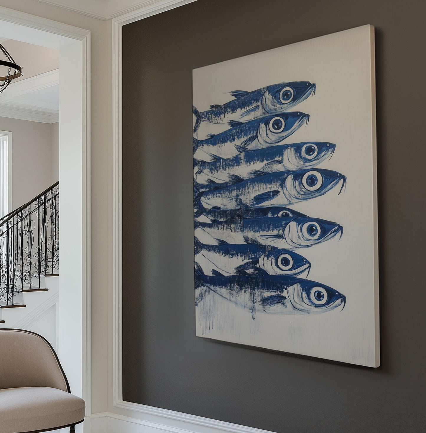 Sardines on Blue Vertical Ocean Serenity, Vintage Nautical Theme Canvas Print, Fisherman Printed Canvas Art