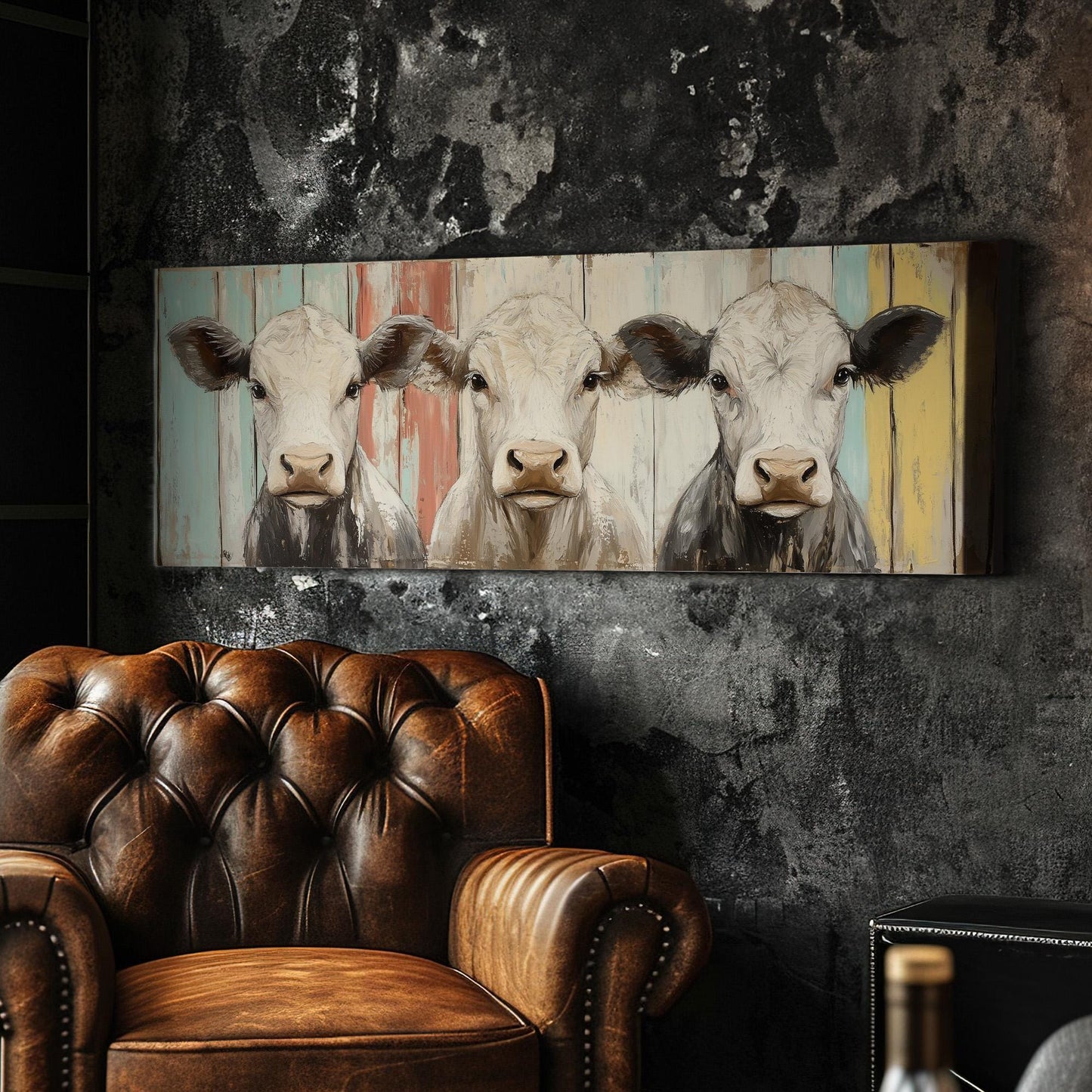 3 Cow Buddies Panoramic Wood Textured, Minimal Country Living Canvas Print, Rustic Home Printed Canvas Art