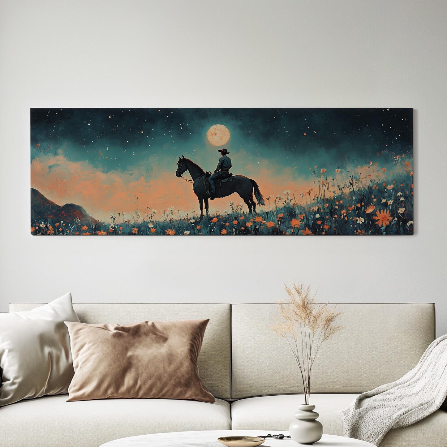 Cowboy At Full Moon Panoramic Western Country, Minimal Farmhouse Equestrian Canvas Print, Wild Riding Printed Canvas Art