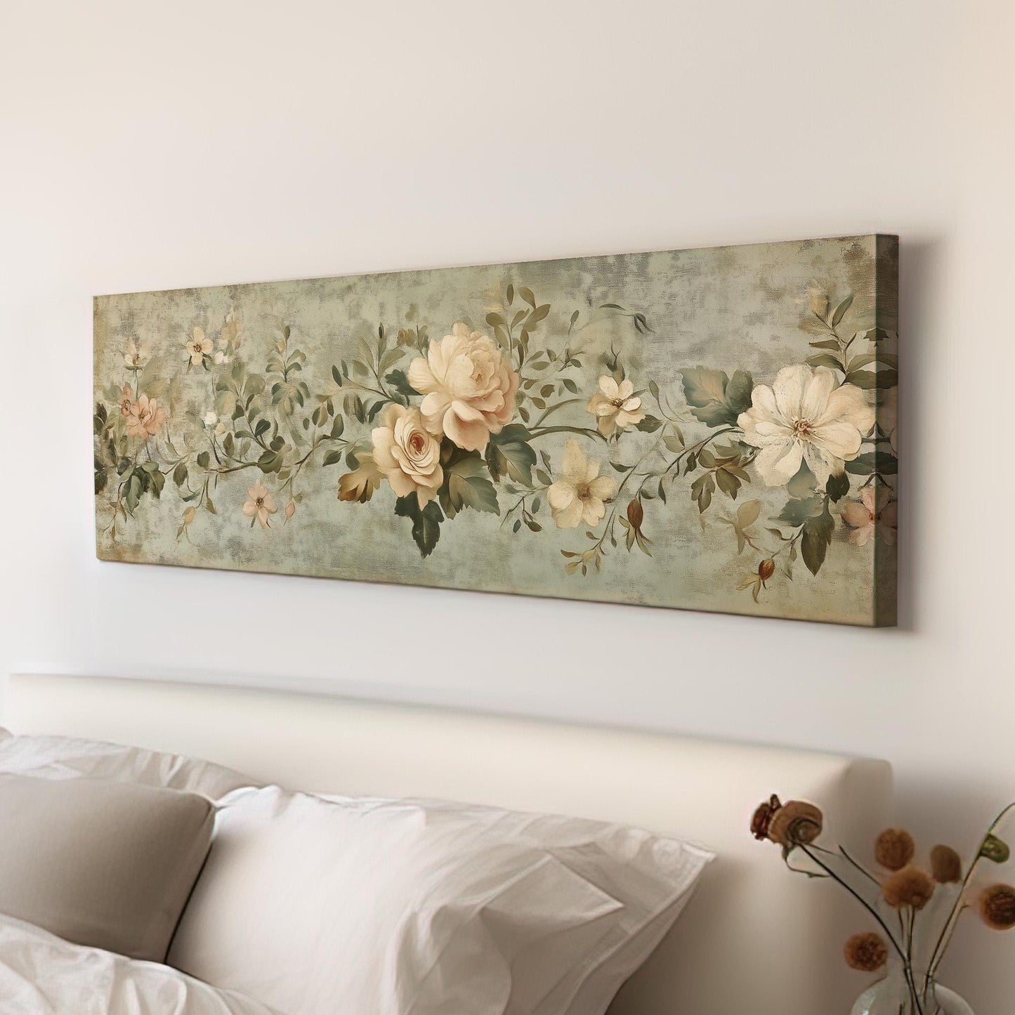 Antique Muted Flowers Panoramic Neutral Taperstry, Minimal Chrysanthemum Canvas Print, Floral Printed Canvas Art