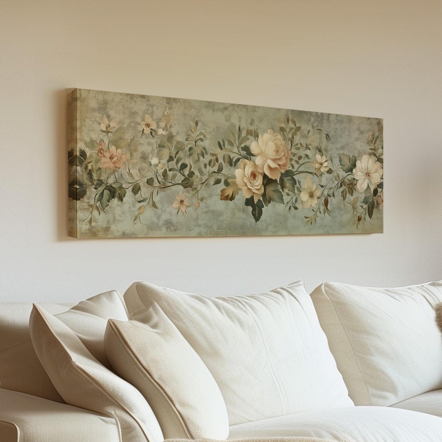 Antique Muted Flowers Panoramic Neutral Taperstry, Minimal Chrysanthemum Canvas Print, Floral Printed Canvas Art