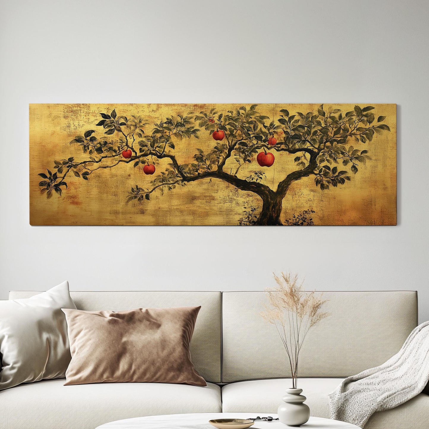 Chinese Apple Tree Panoramic Rustic Floral, Minimal Farmhouse Country Canvas Print, Nature Bloom Printed Canvas Art