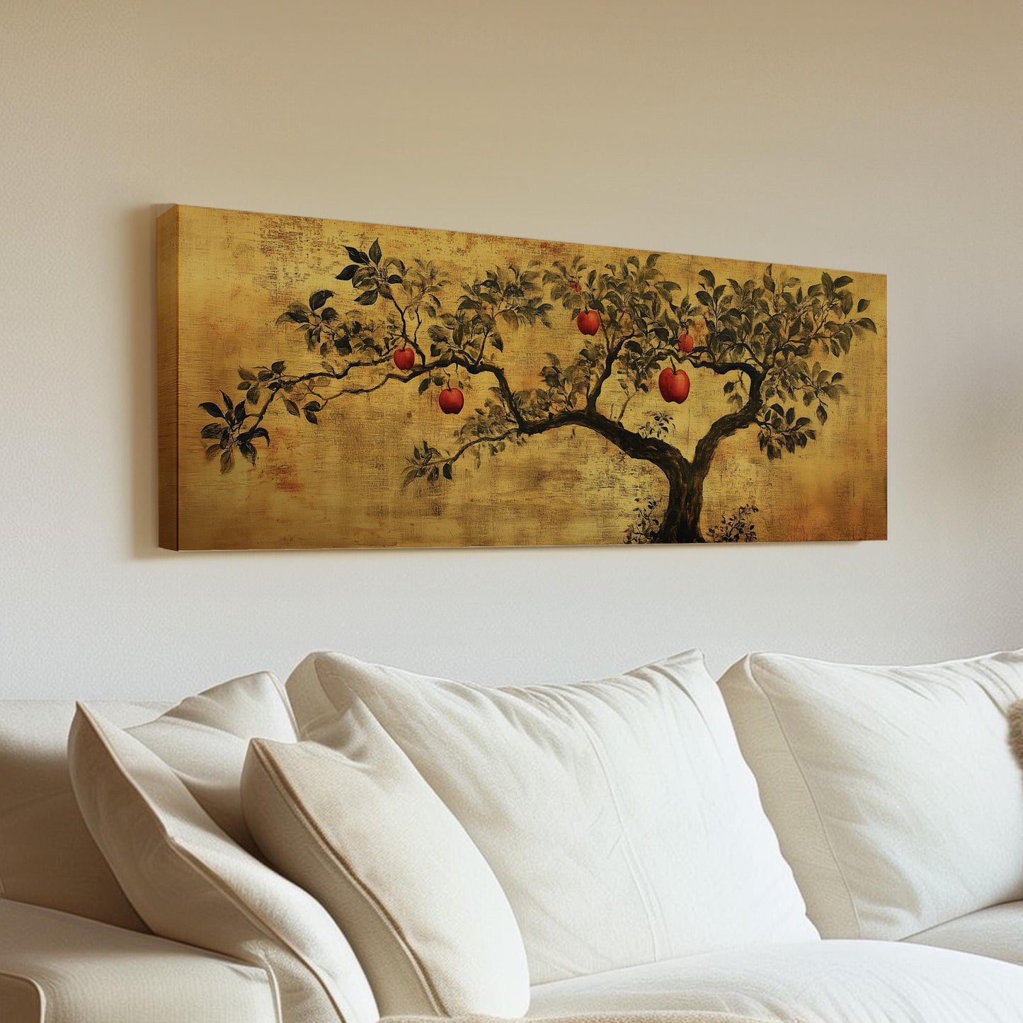Chinese Apple Tree Panoramic Rustic Floral, Minimal Farmhouse Country Canvas Print, Nature Bloom Printed Canvas Art
